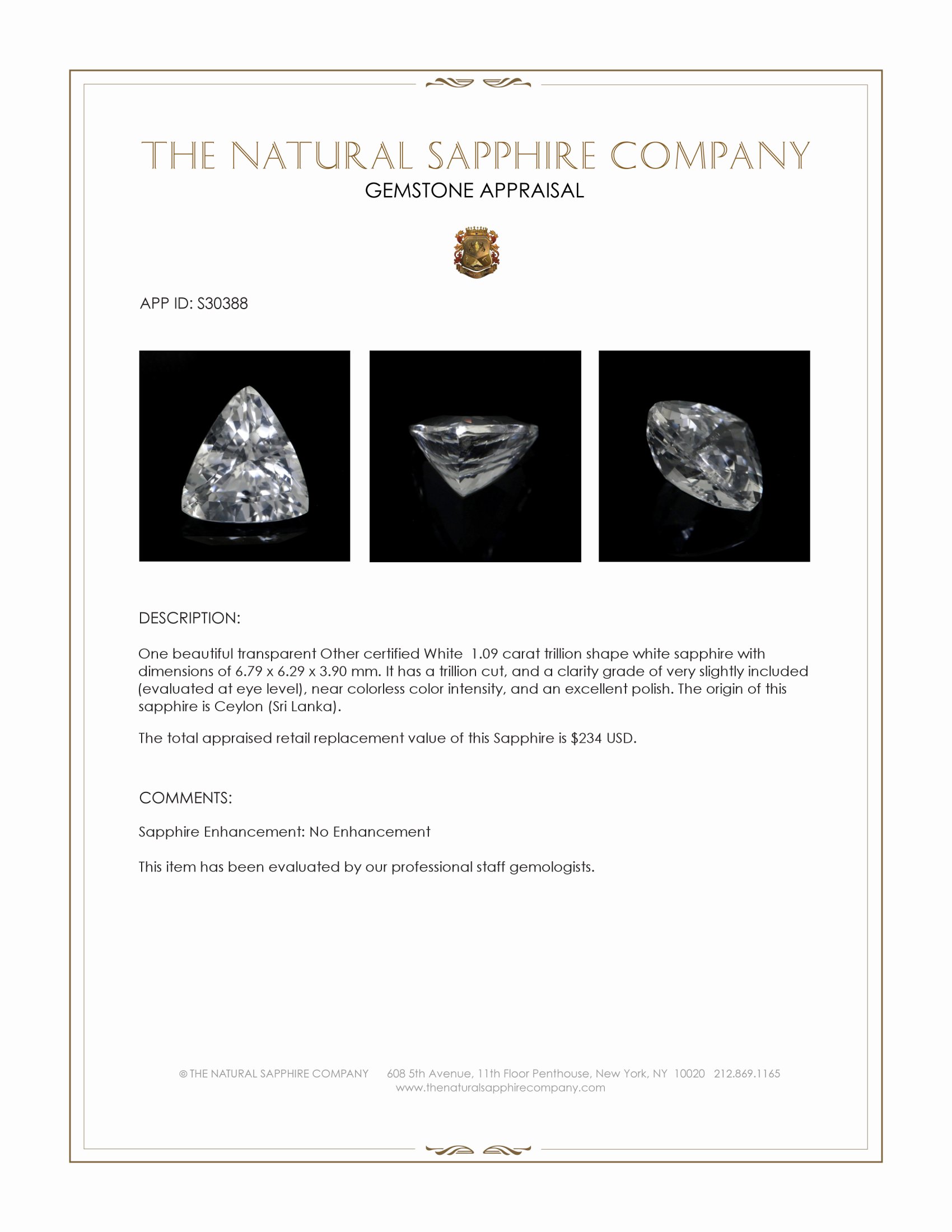 1.09 Ct. White Sapphire from Ceylon (Sri Lanka)