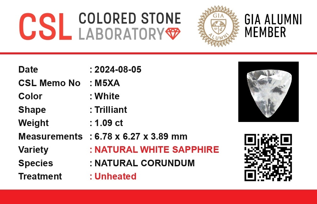 1.09 Ct. White Sapphire from Ceylon (Sri Lanka)
