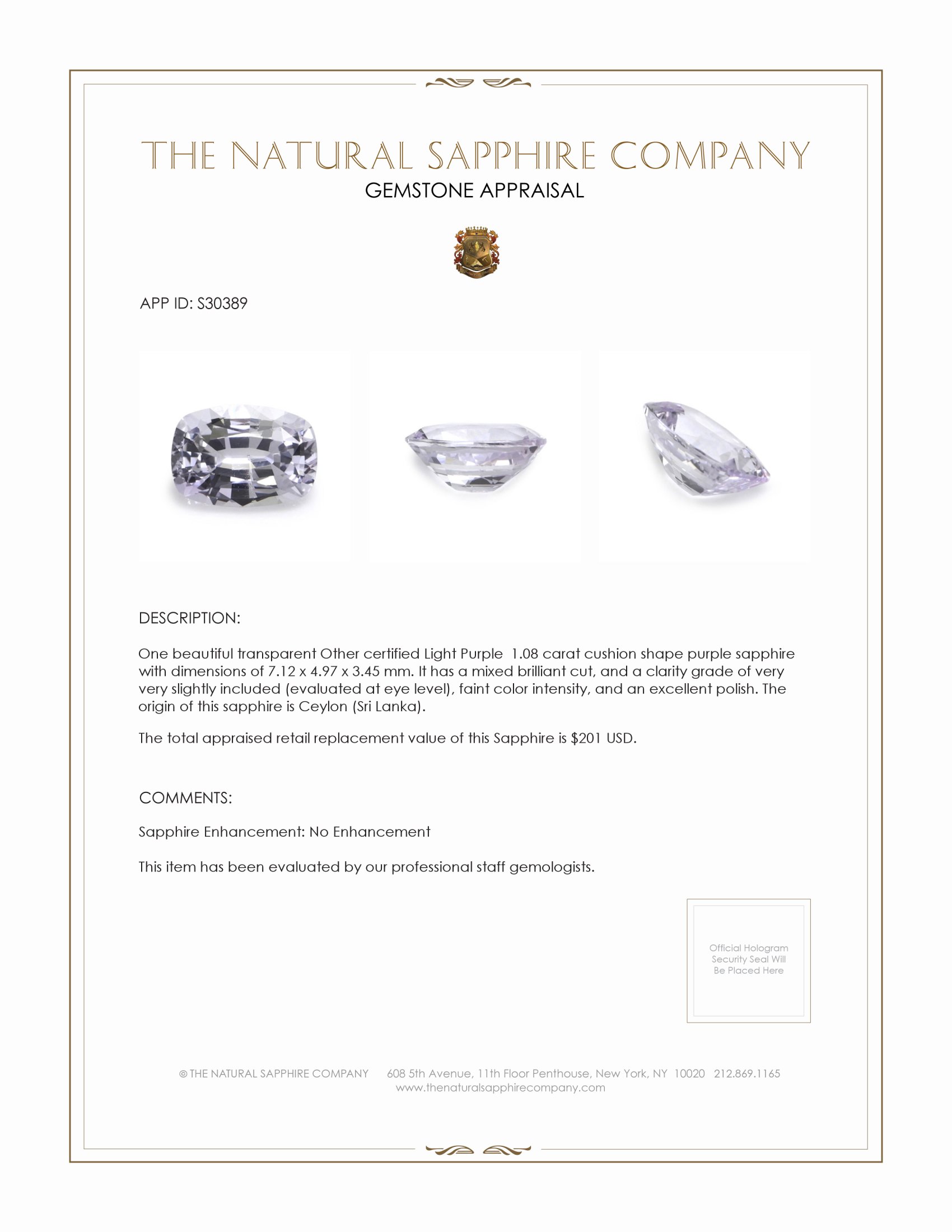 1.08 Ct. Purple Sapphire from Ceylon (Sri Lanka)