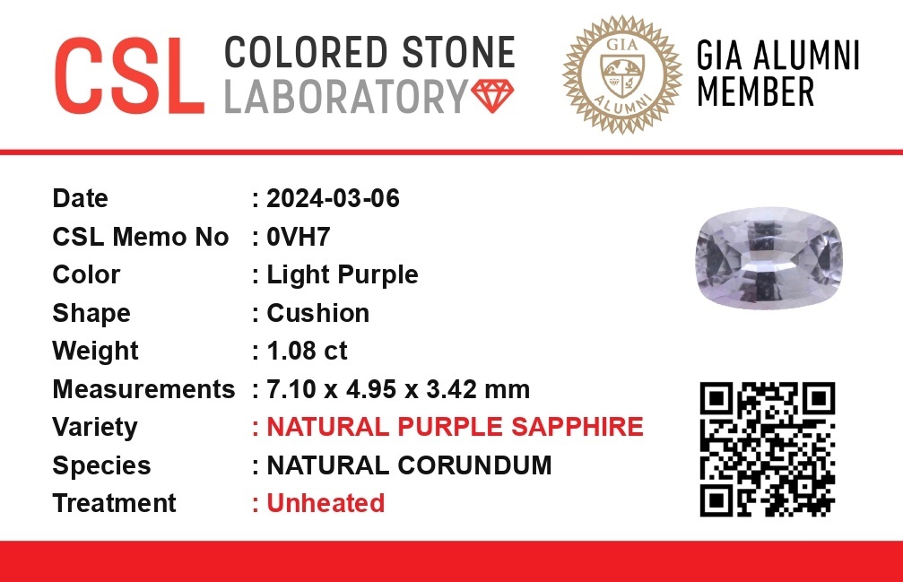1.08 Ct. Purple Sapphire from Ceylon (Sri Lanka)