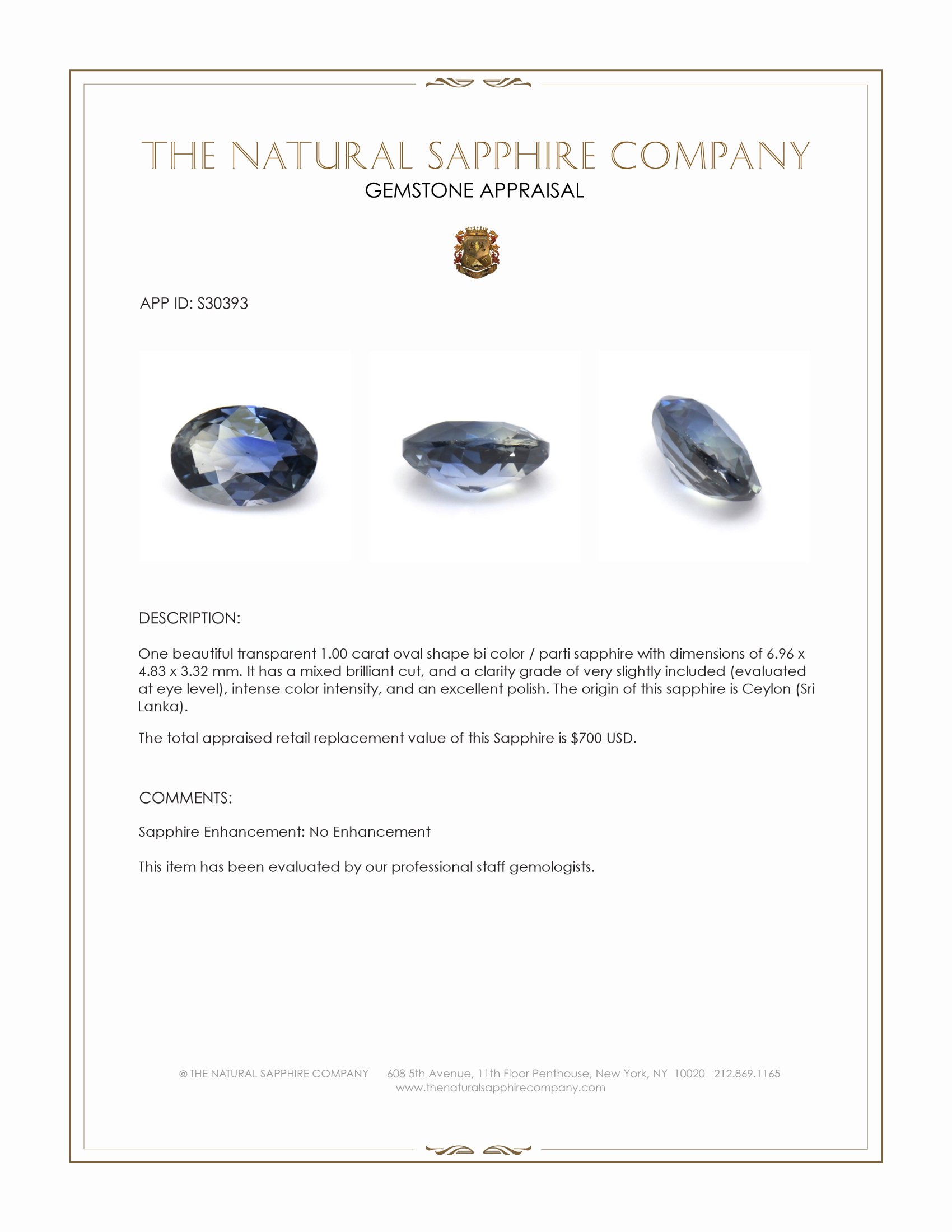 1.00 Ct. Bi Color / Parti Sapphire from Ceylon (Sri Lanka)