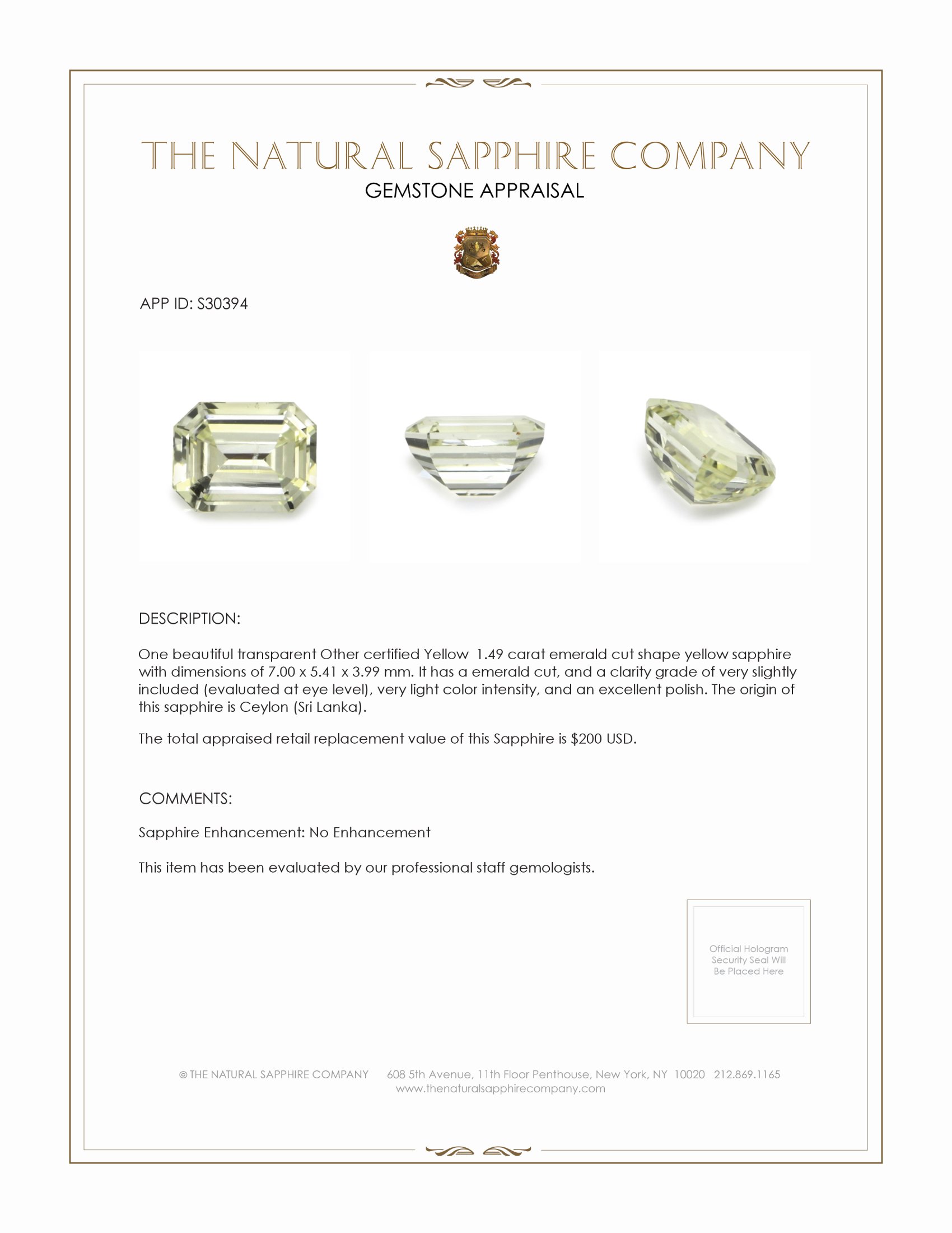 1.49 Ct. Yellow Sapphire from Ceylon (Sri Lanka)