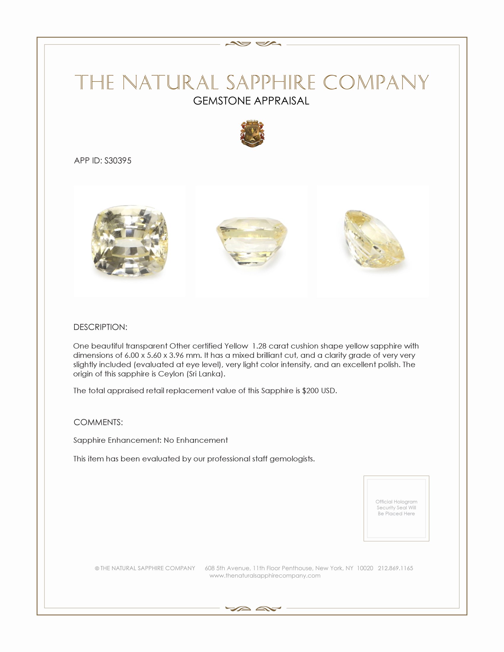 1.28 Ct. Yellow Sapphire from Ceylon (Sri Lanka)