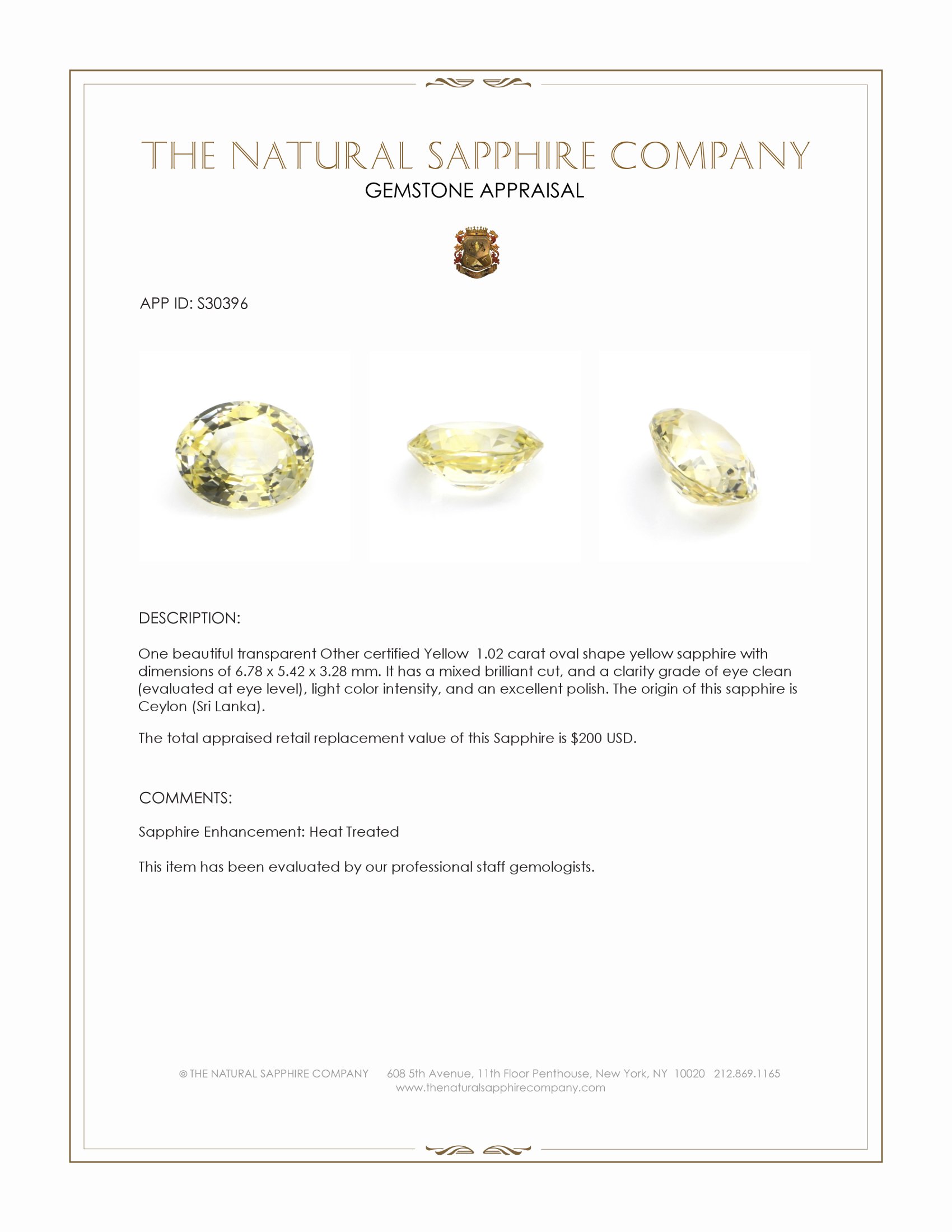 1.02 Ct. Yellow Sapphire from Ceylon (Sri Lanka)