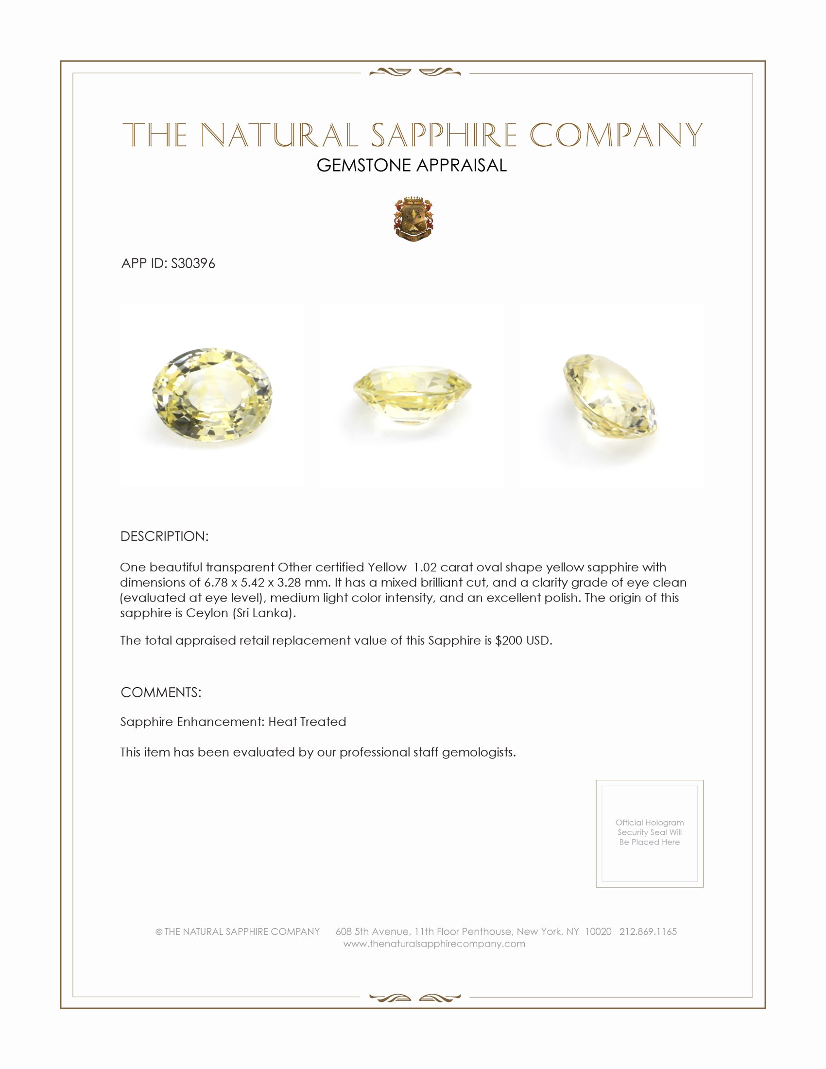 1.02 Ct. Yellow Sapphire from Ceylon (Sri Lanka)