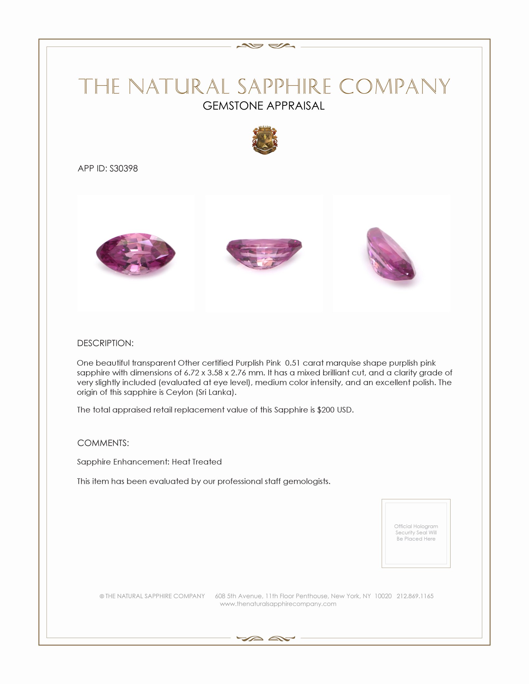 0.51 Ct. Purplish Pink Sapphire from Ceylon (Sri Lanka)