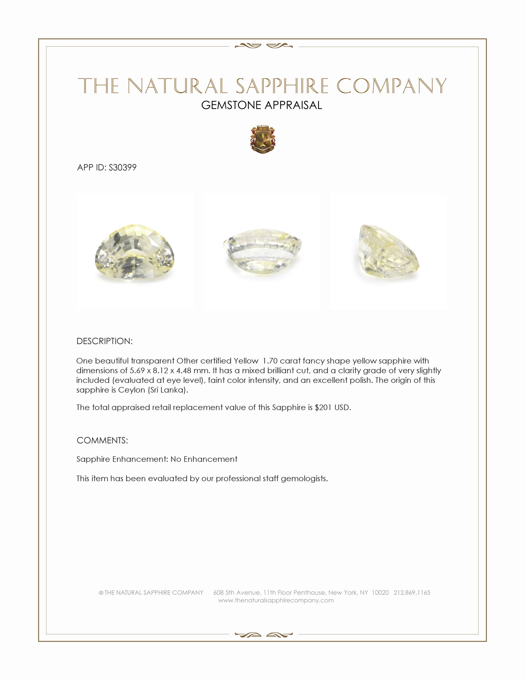 1.70 Ct. Yellow Sapphire from Ceylon (Sri Lanka)