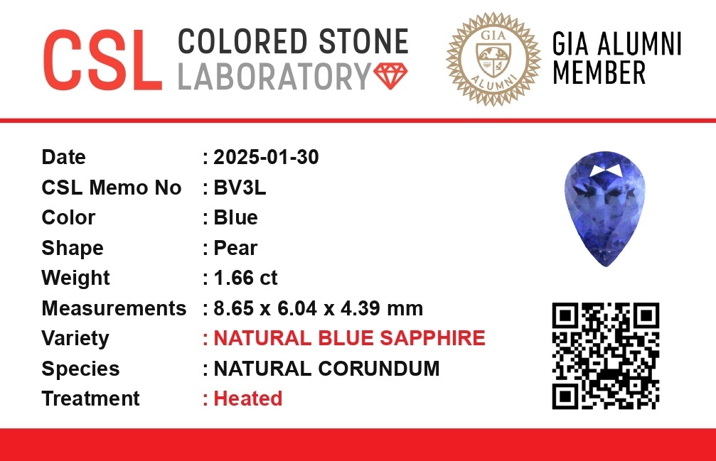 1.66 Ct. Blue Sapphire from Ceylon (Sri Lanka)