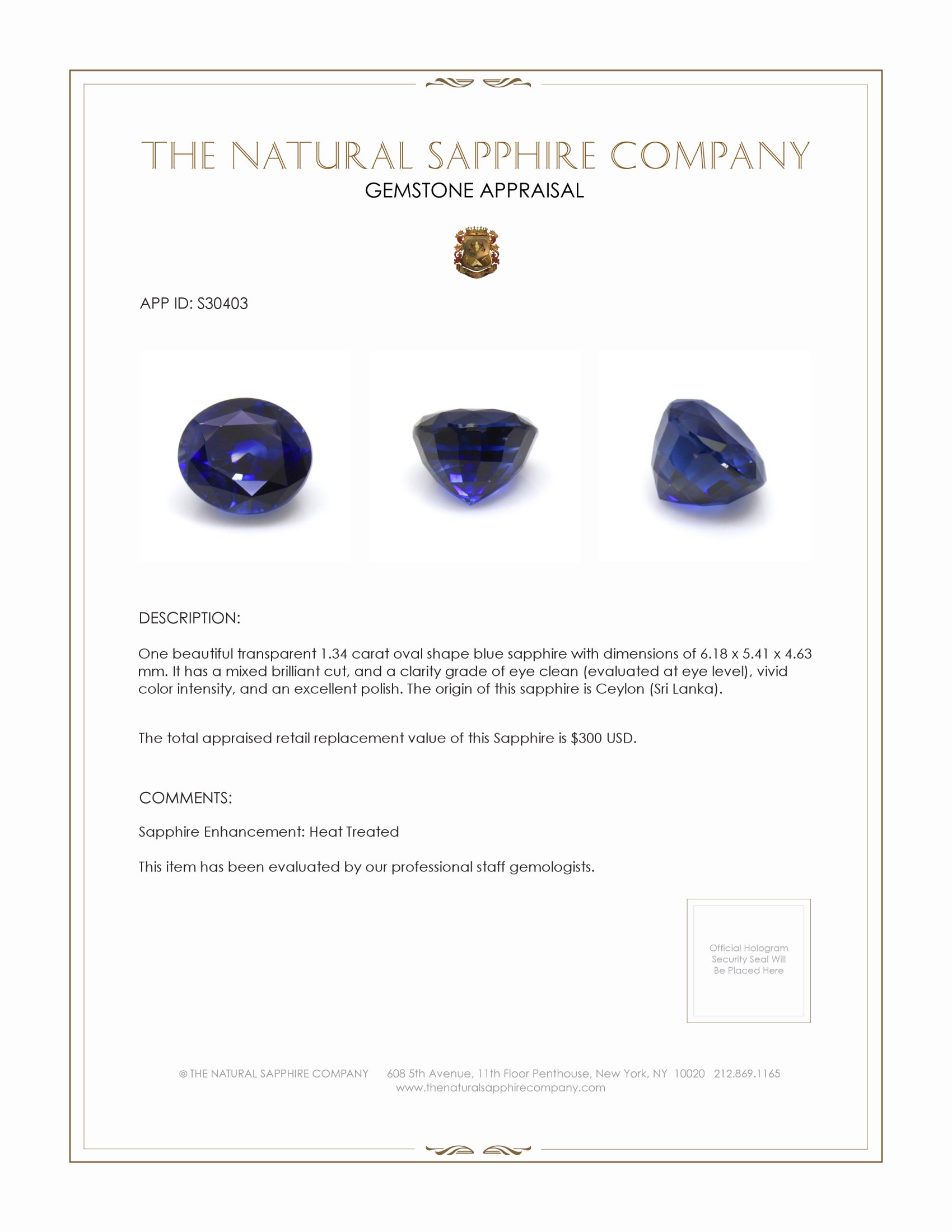 1.34 Ct. Blue Sapphire from Ceylon (Sri Lanka)