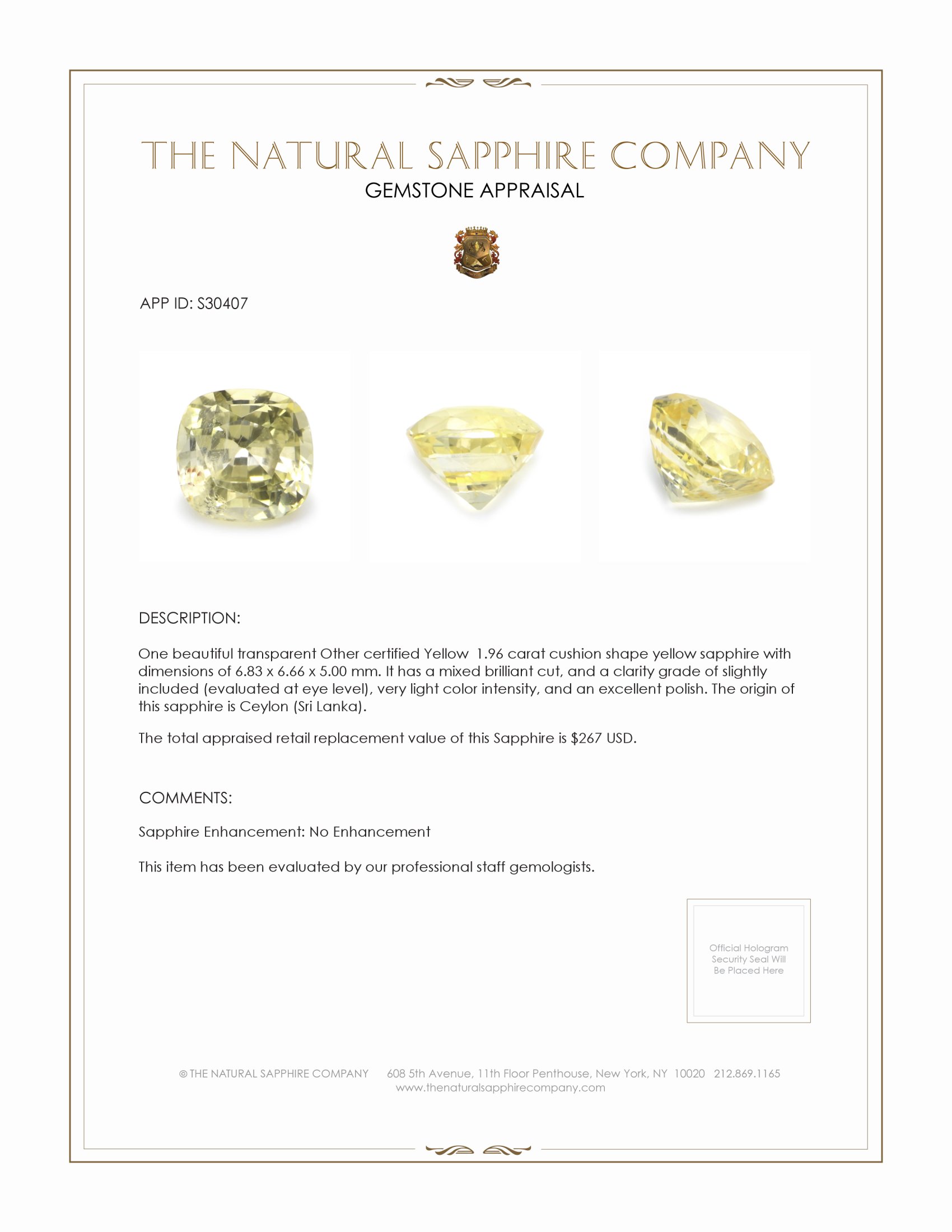 1.96 Ct. Yellow Sapphire from Ceylon (Sri Lanka)