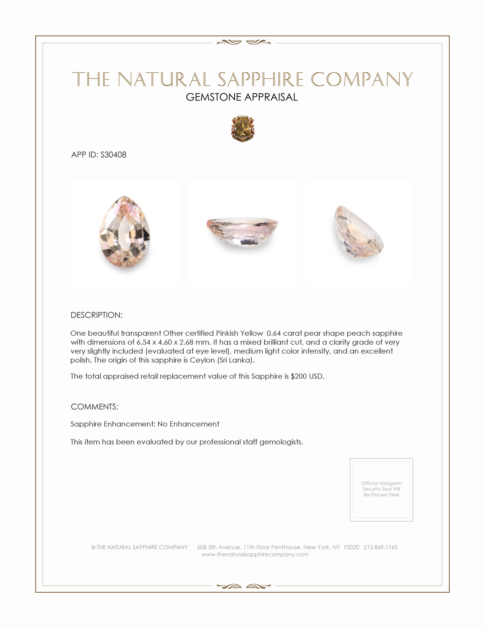 0.64 Ct. Peach Sapphire from Ceylon (Sri Lanka)