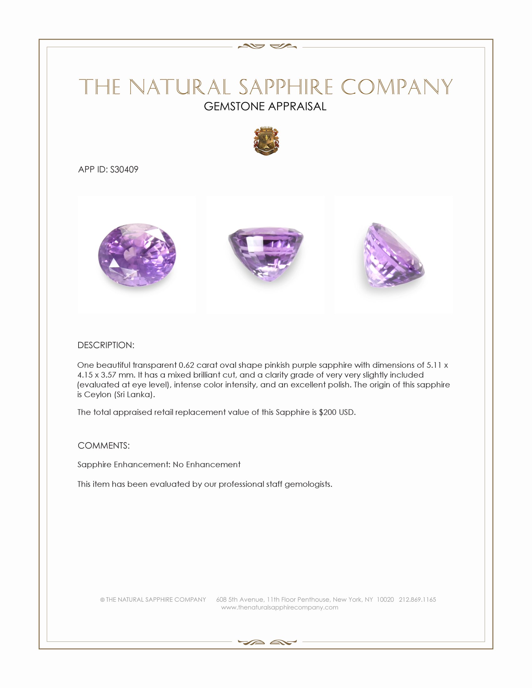 0.62 Ct. Pinkish Purple Sapphire from Ceylon (Sri Lanka)