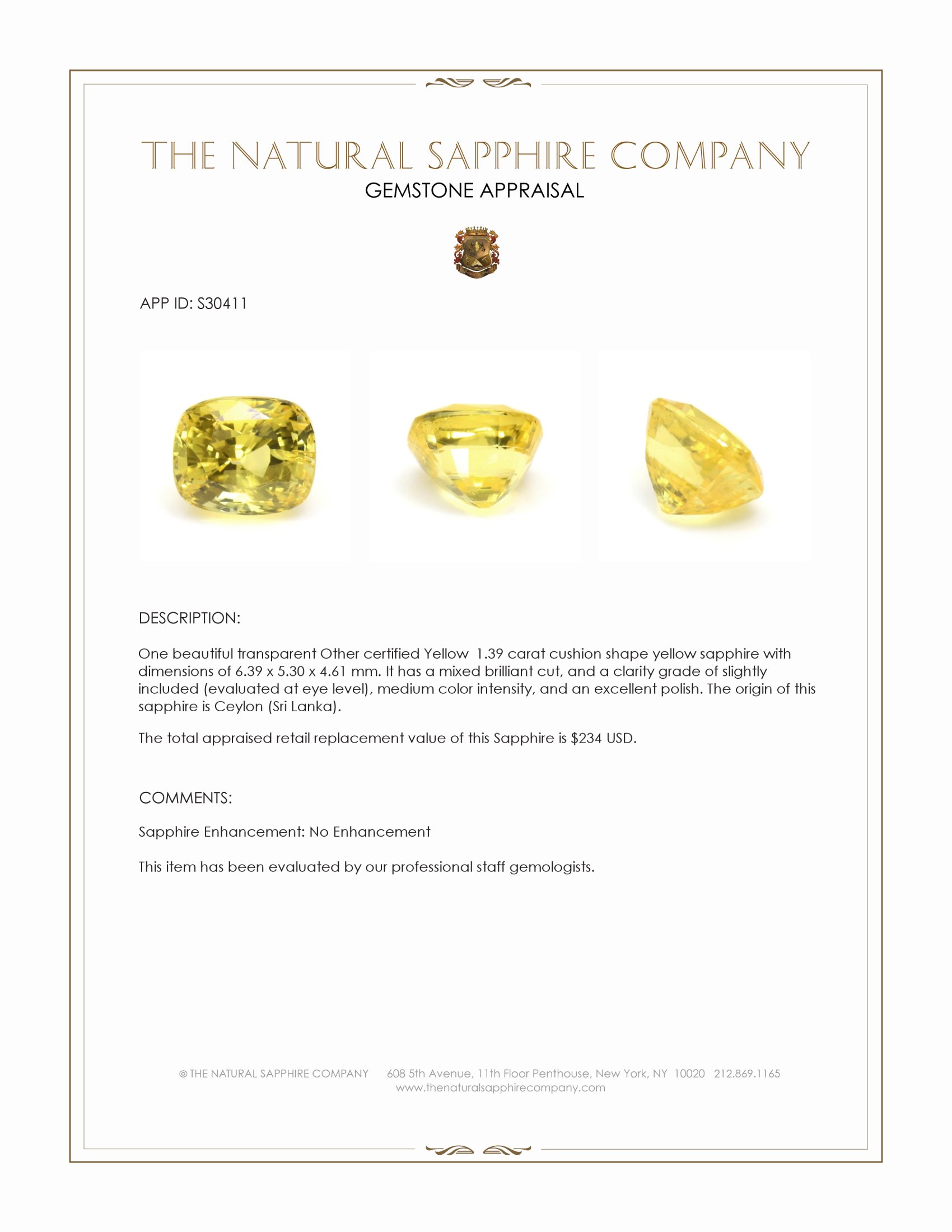 1.39 Ct. Yellow Sapphire from Ceylon (Sri Lanka)