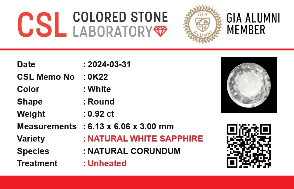 0.93 Ct. White Sapphire from Ceylon (Sri Lanka)