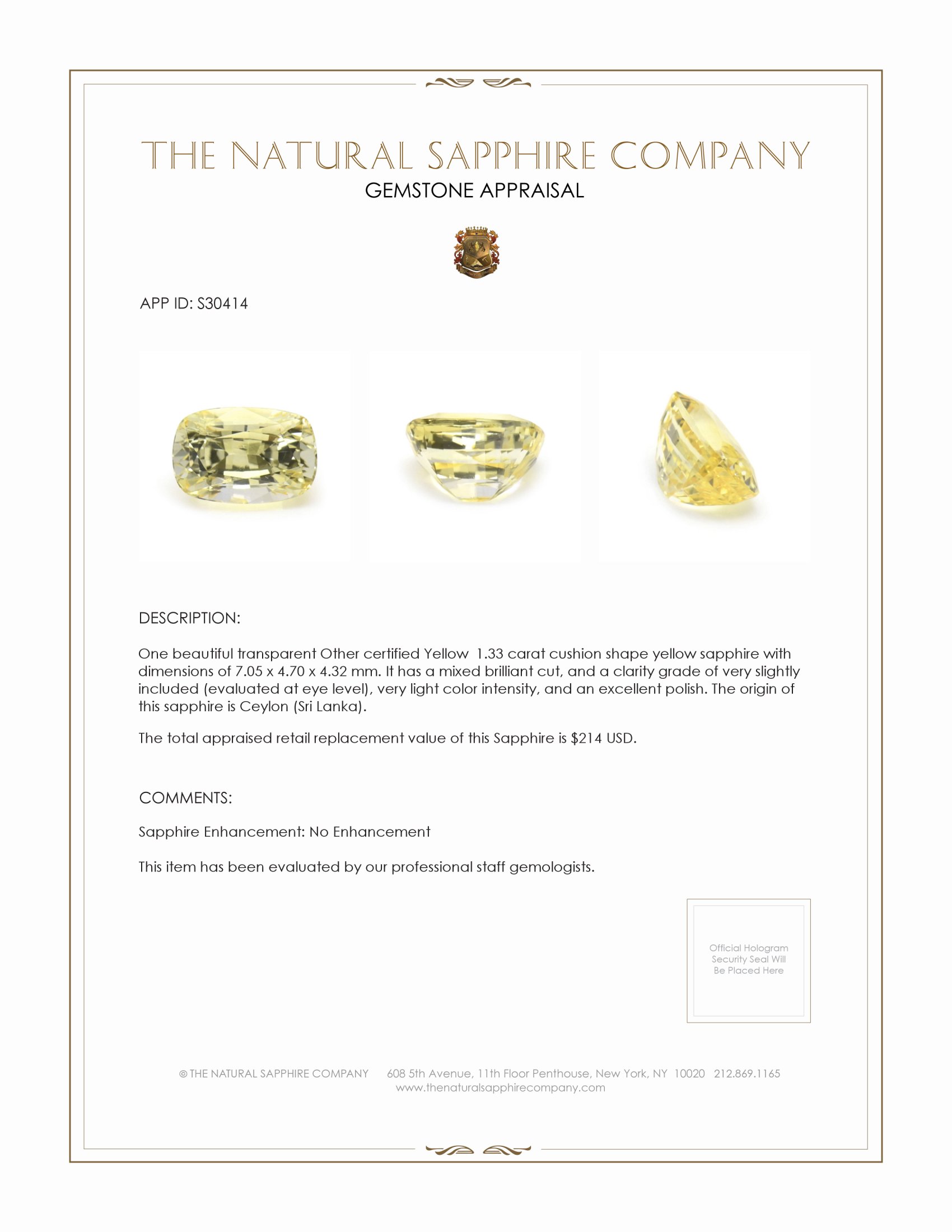 1.33 Ct. Yellow Sapphire from Ceylon (Sri Lanka)