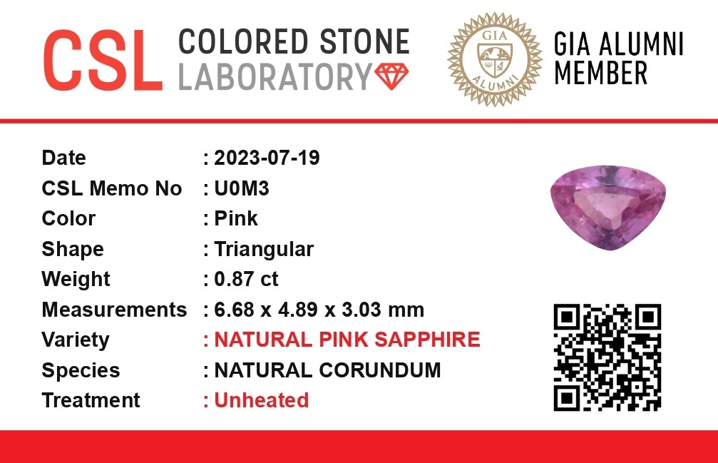 0.87 Ct. Pink Sapphire from Ceylon (Sri Lanka)