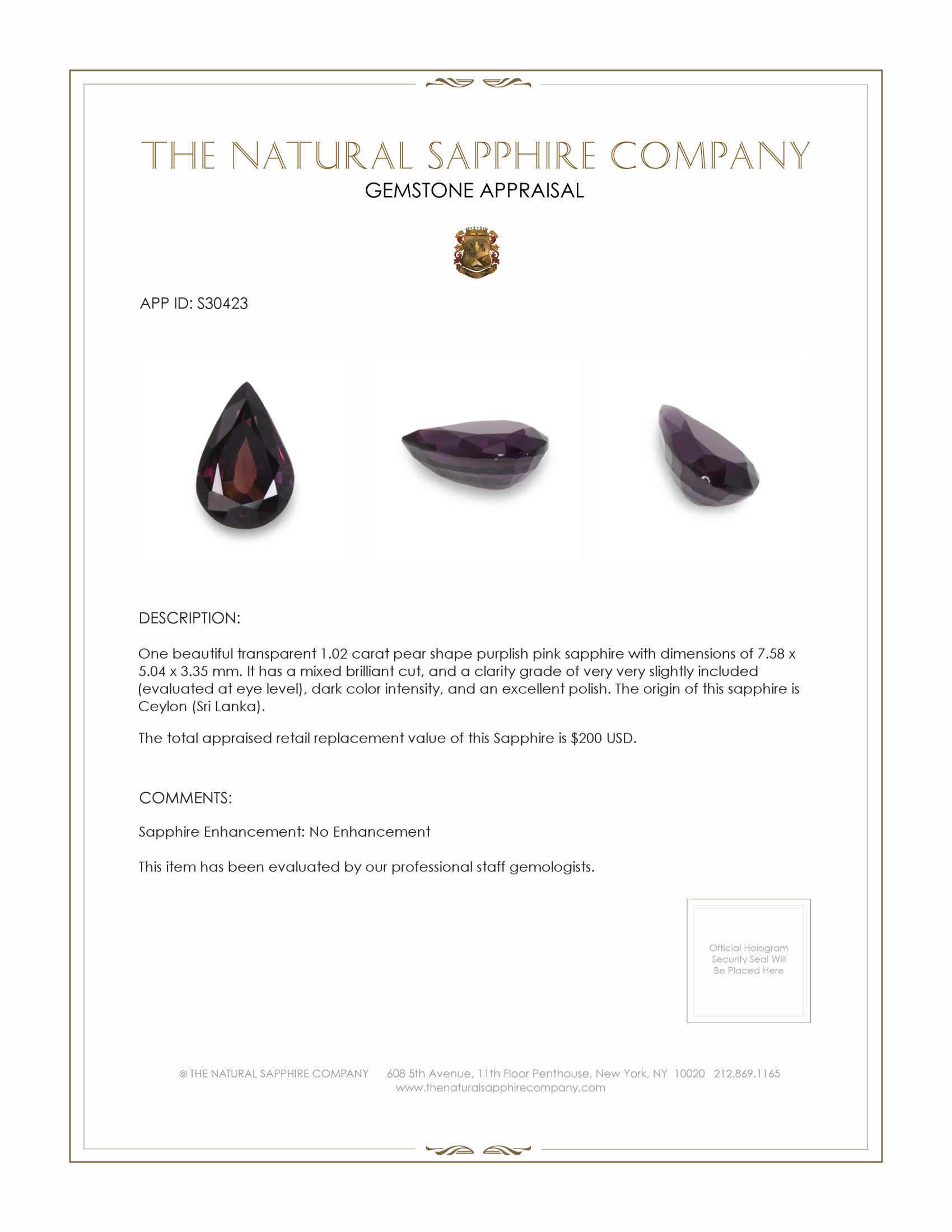 1.02 Ct. Purplish Pink Sapphire from Ceylon (Sri Lanka)