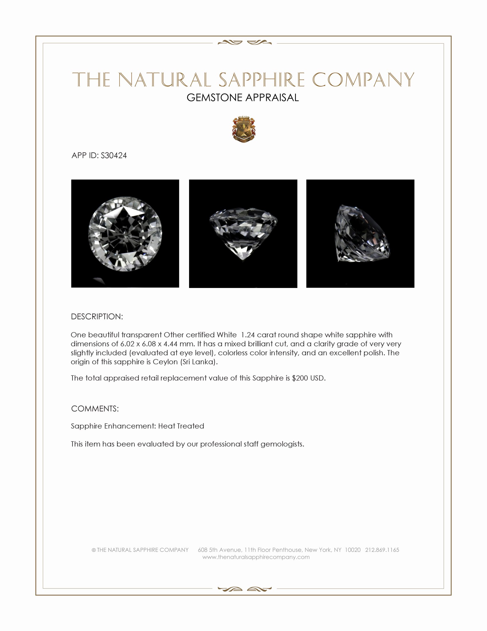 1.24 Ct. White Sapphire from Ceylon (Sri Lanka)