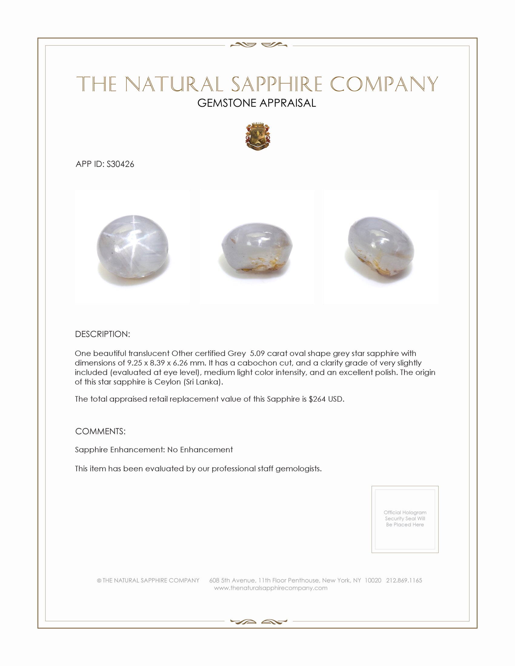 5.09 Ct. Grey Star Sapphire from Ceylon (Sri Lanka)