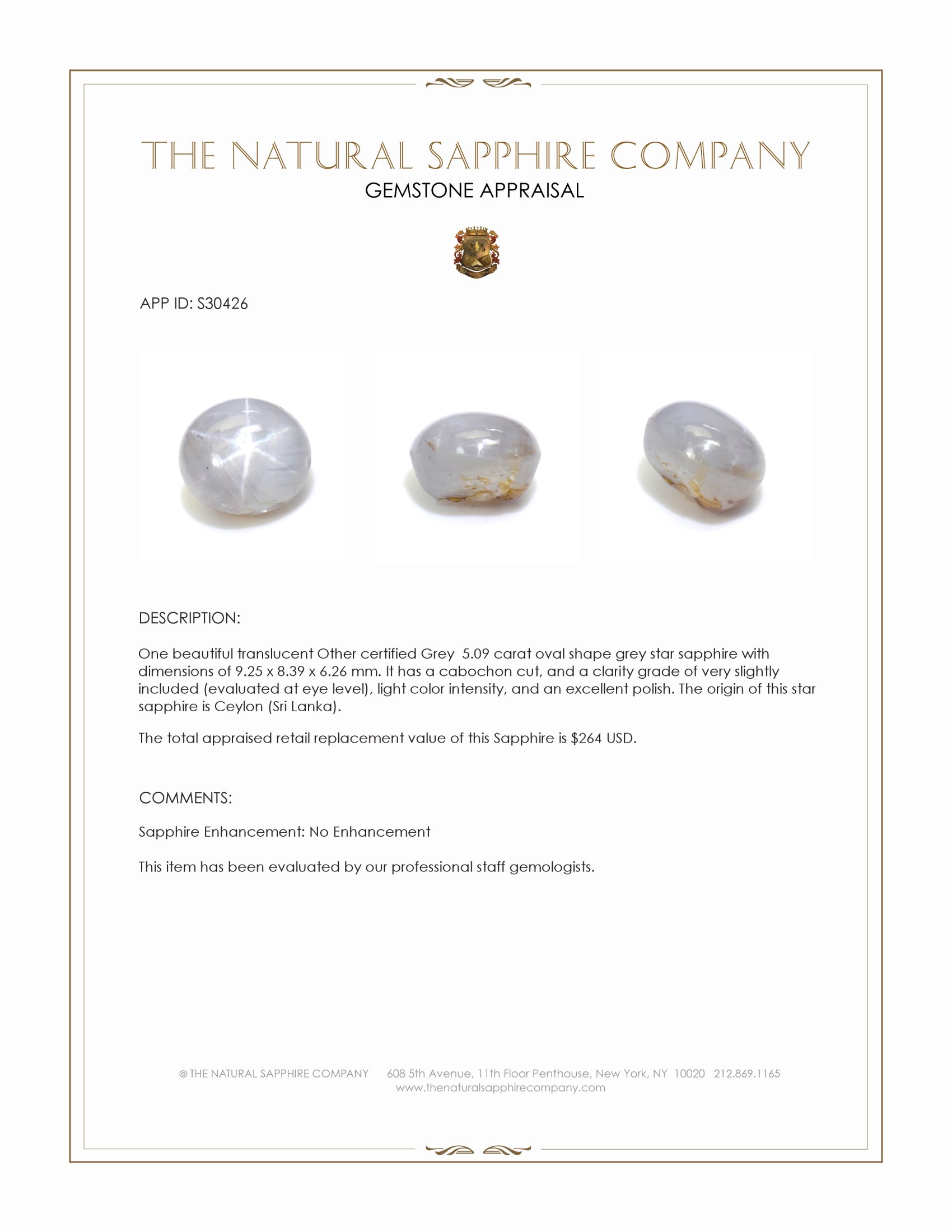 5.09 Ct. Grey Star Sapphire from Ceylon (Sri Lanka)