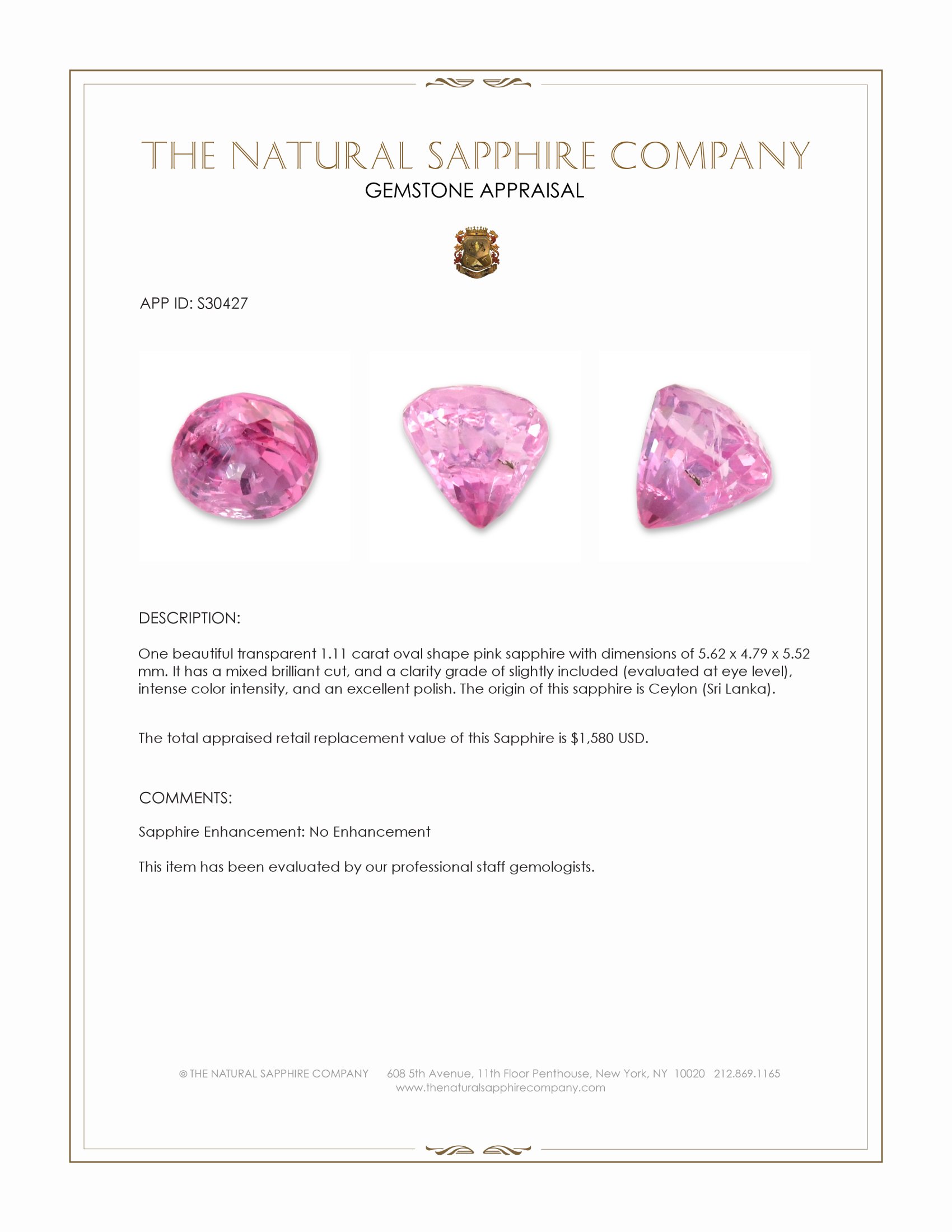 1.11 Ct. Pink Sapphire from Ceylon (Sri Lanka)