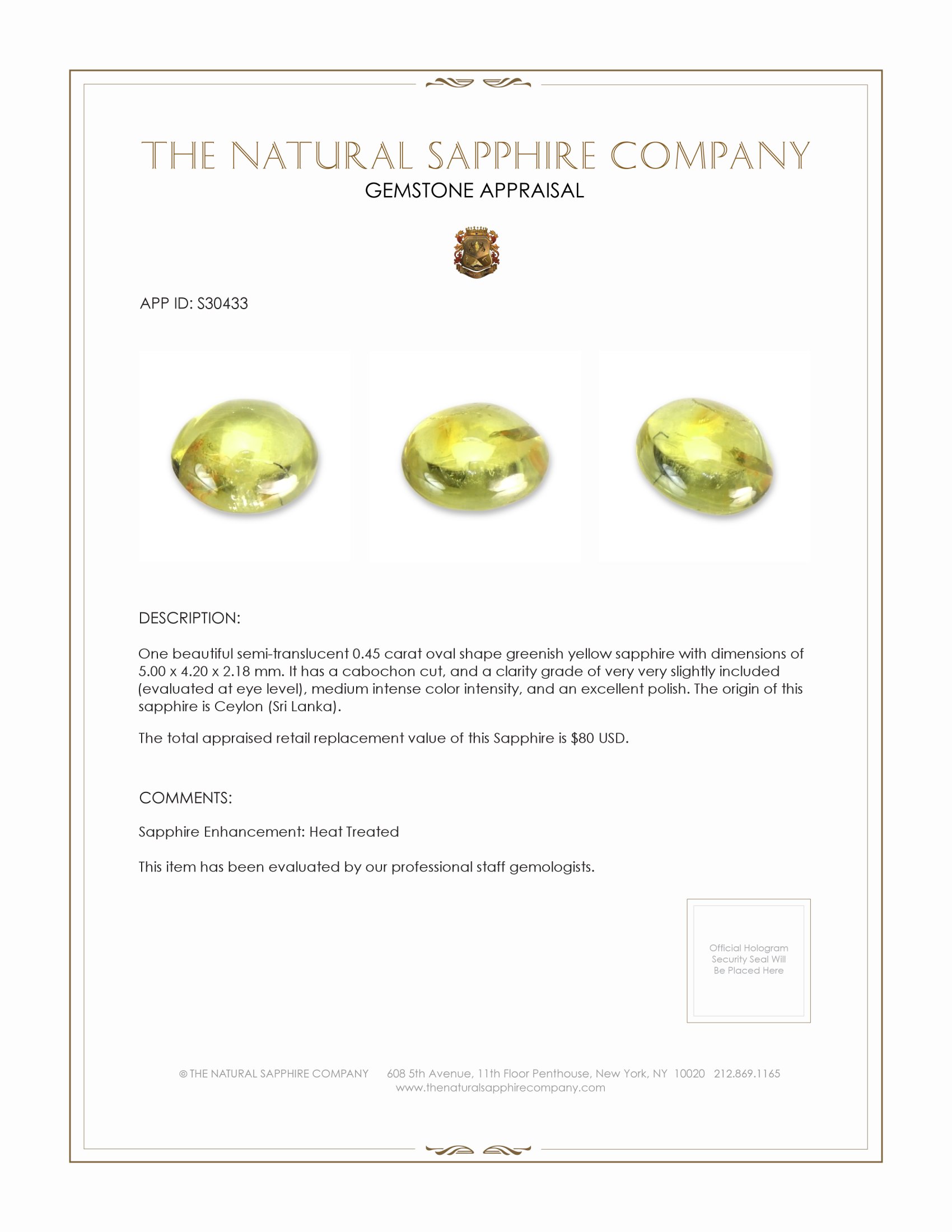 0.45 Ct. Greenish Yellow Cabochon Sapphire from Ceylon (Sri Lanka)