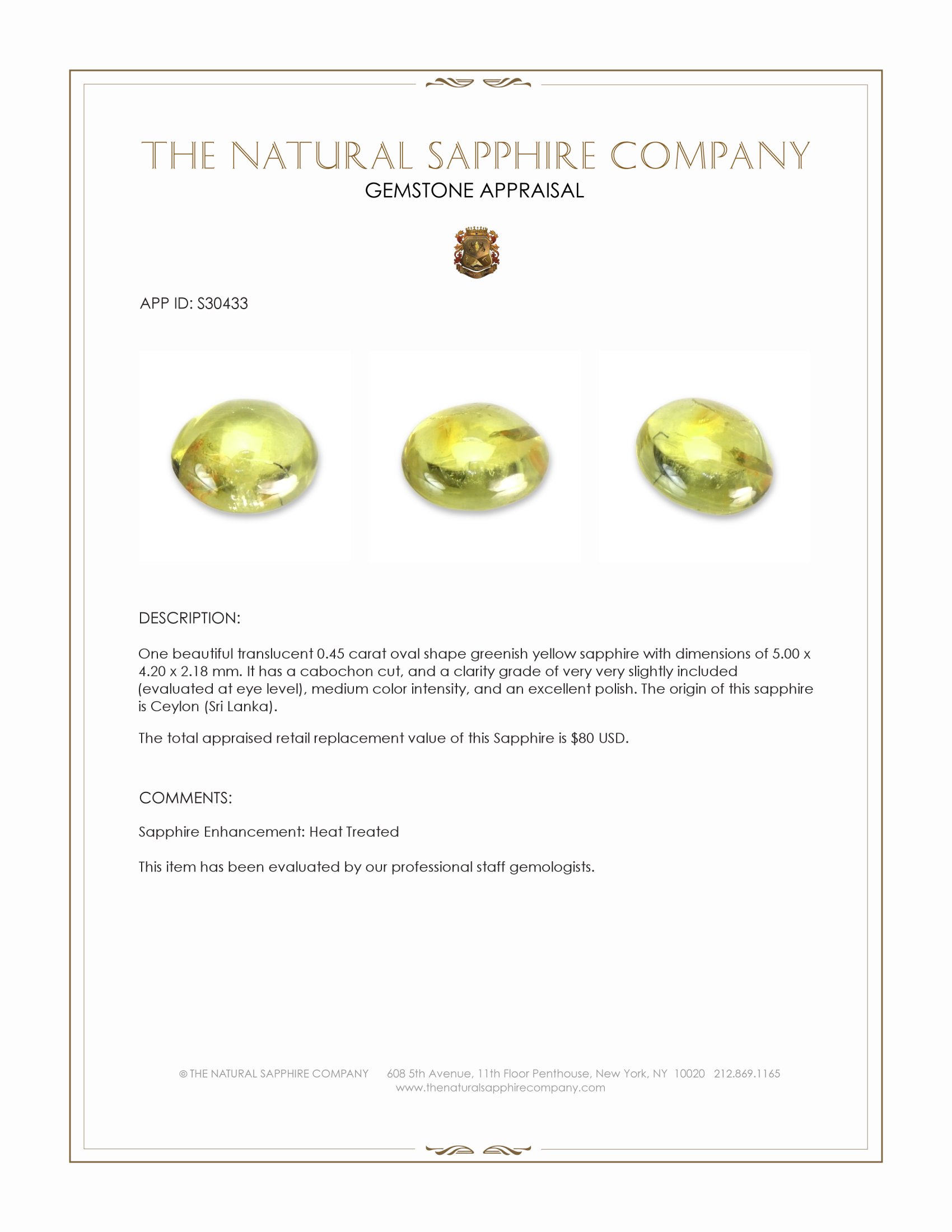 0.45 Ct. Greenish Yellow Cabochon Sapphire from Ceylon (Sri Lanka)