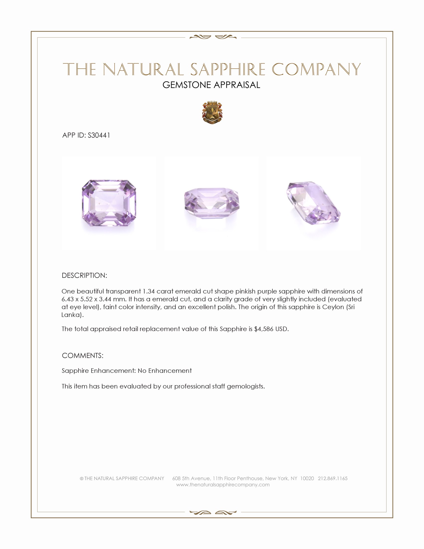 1.34 Ct. Pinkish Purple Sapphire from Ceylon (Sri Lanka)