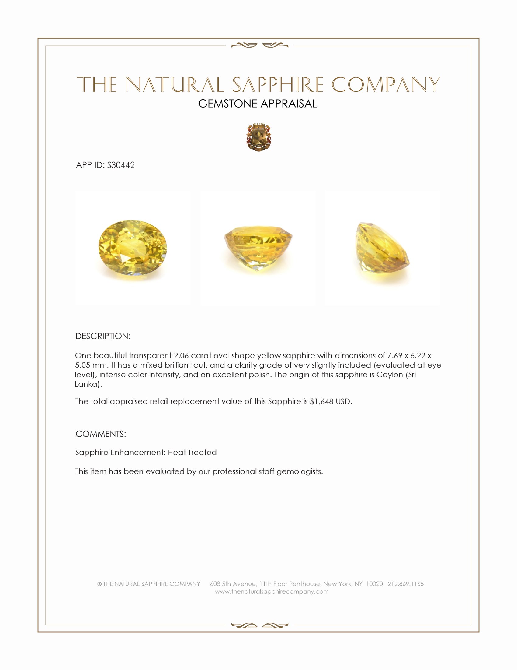 2.06 Ct. Yellow Sapphire from Ceylon (Sri Lanka)