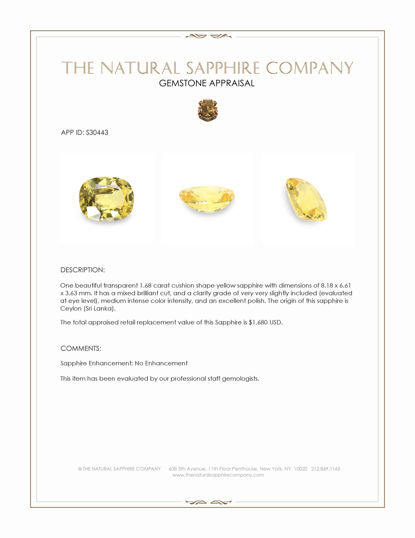 1.68 Ct. Yellow Sapphire from Ceylon (Sri Lanka)