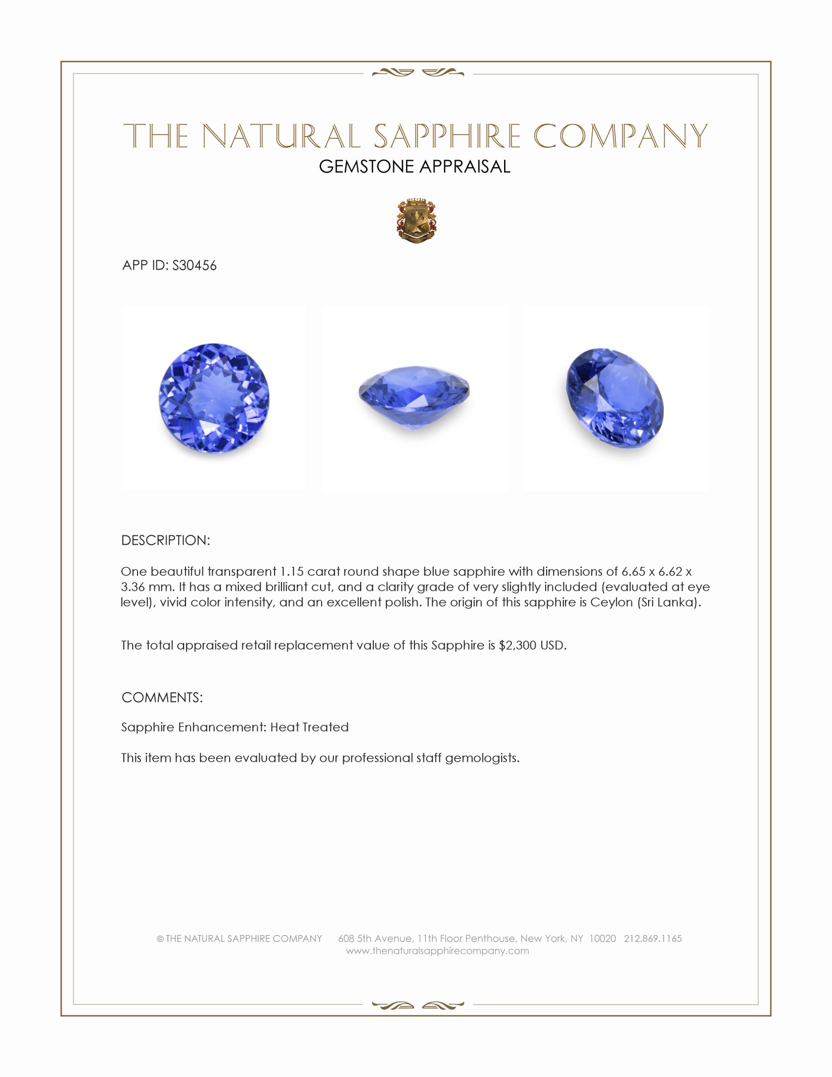1.15 Ct. Blue Sapphire from Ceylon (Sri Lanka)