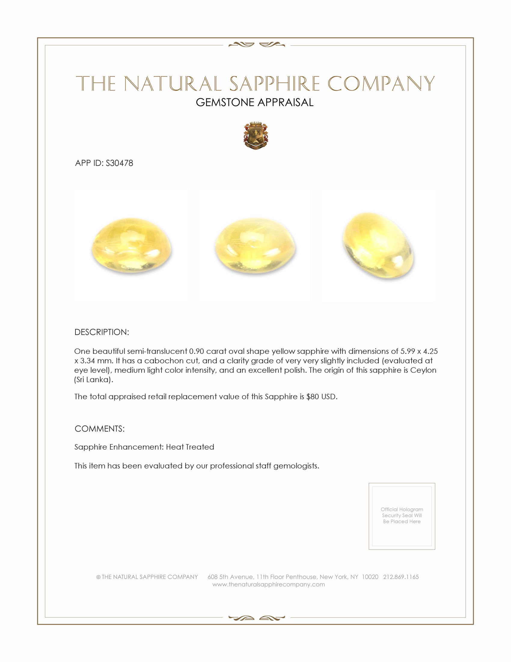 0.90 Ct. Yellow Cabochon Sapphire from Ceylon (Sri Lanka)