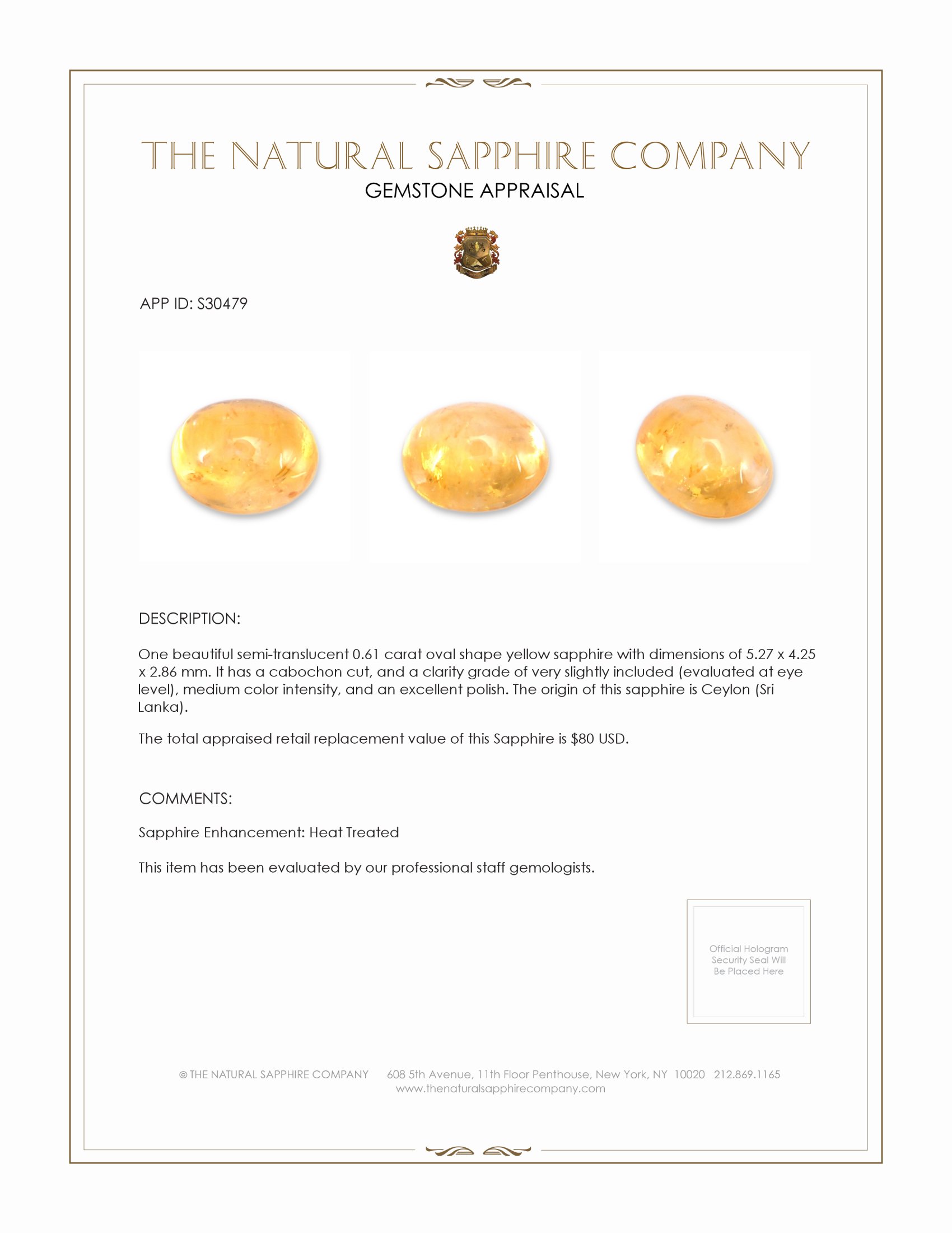 0.61 Ct. Yellow Cabochon Sapphire from Ceylon (Sri Lanka)