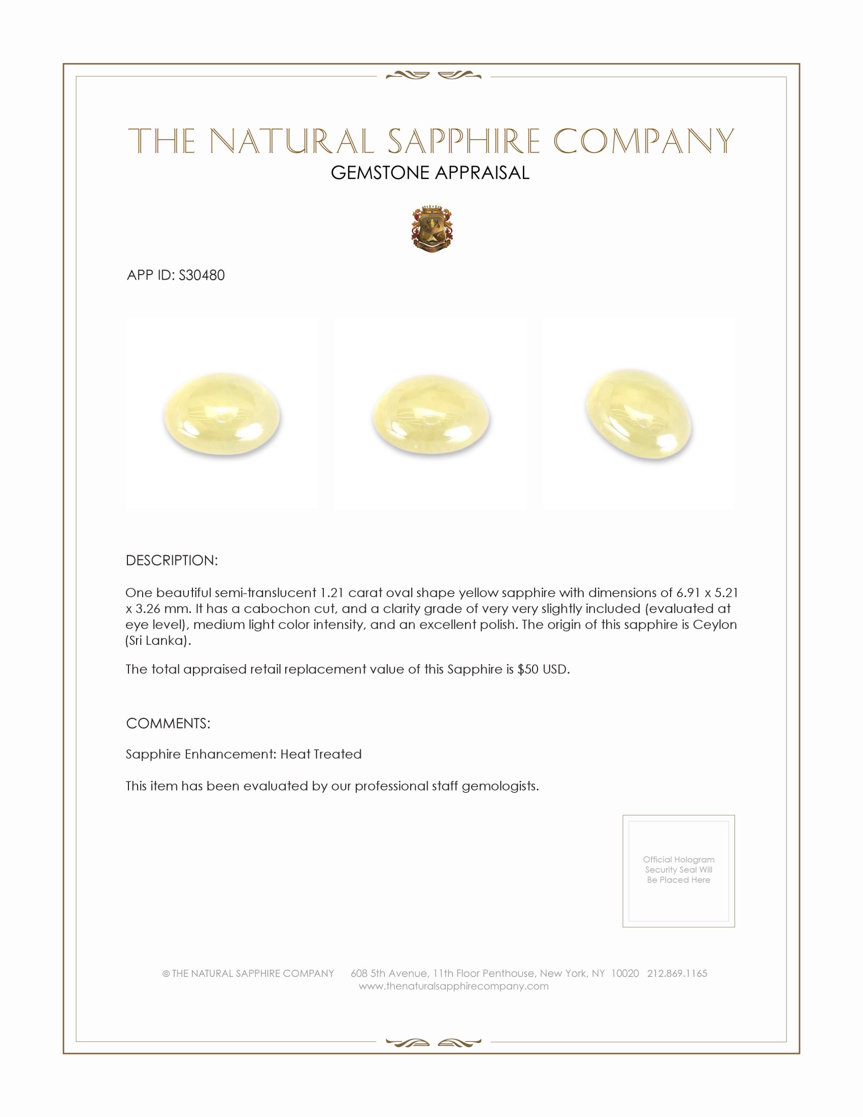 1.21 Ct. Yellow Cabochon Sapphire from Ceylon (Sri Lanka)