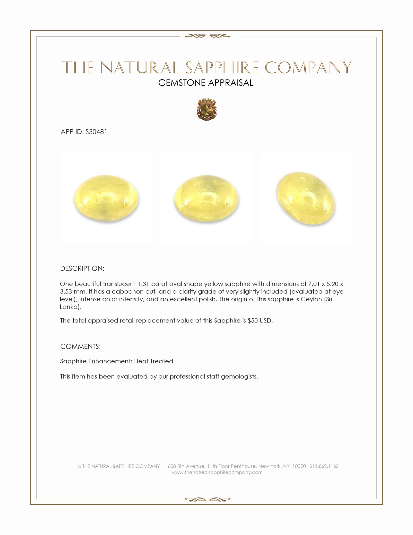 1.31 Ct. Yellow Cabochon Sapphire from Ceylon (Sri Lanka)