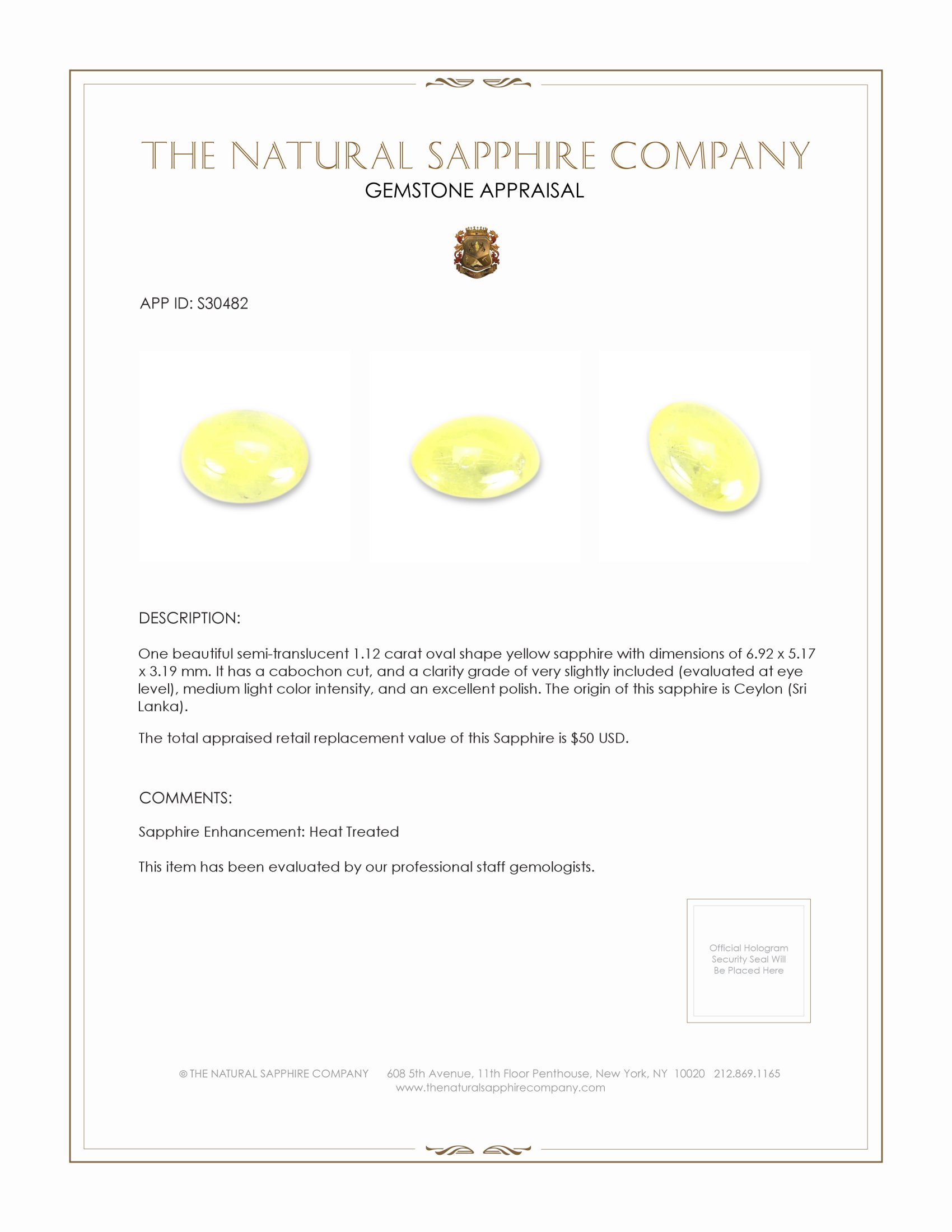 1.12 Ct. Yellow Cabochon Sapphire from Ceylon (Sri Lanka)