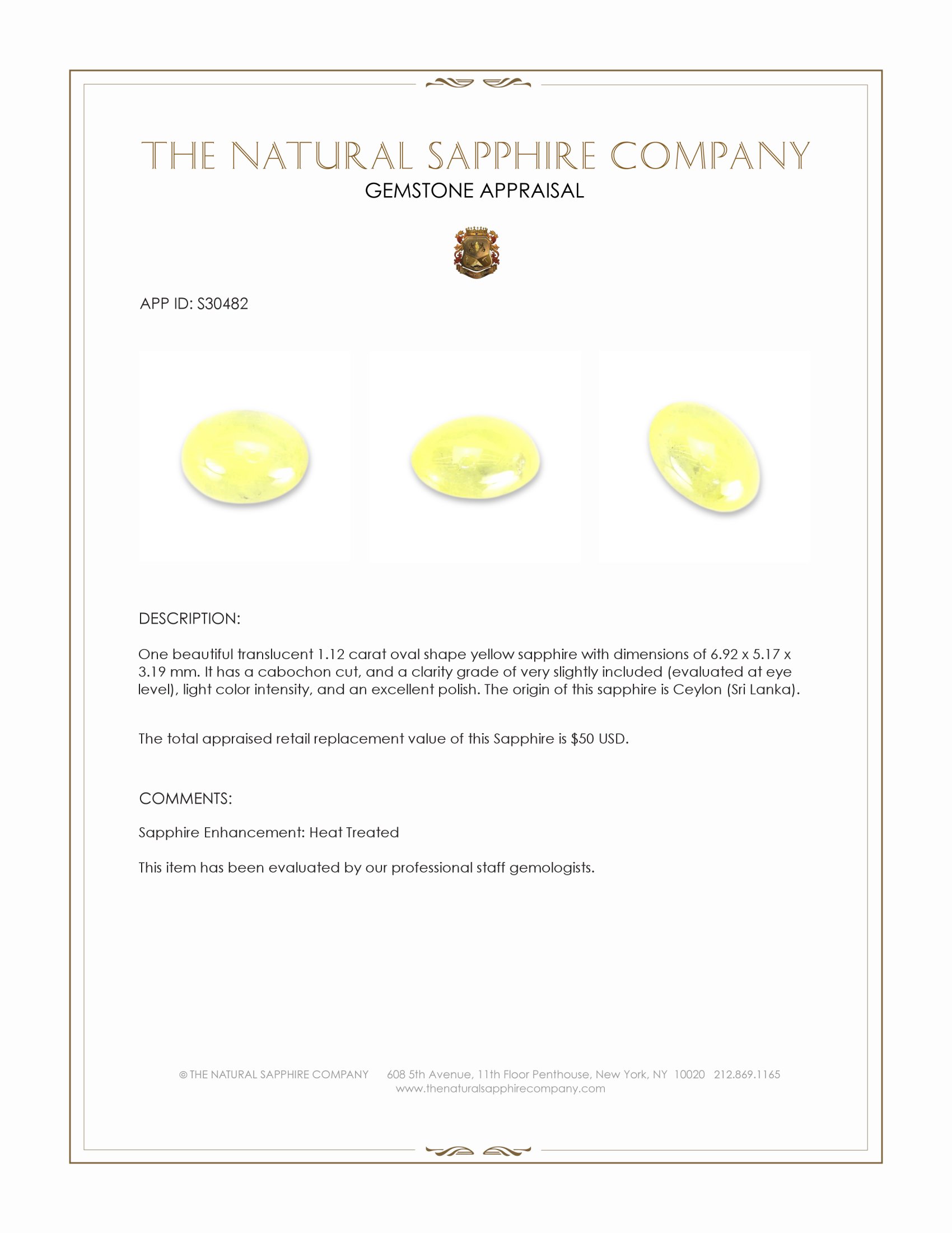 1.12 Ct. Yellow Cabochon Sapphire from Ceylon (Sri Lanka)