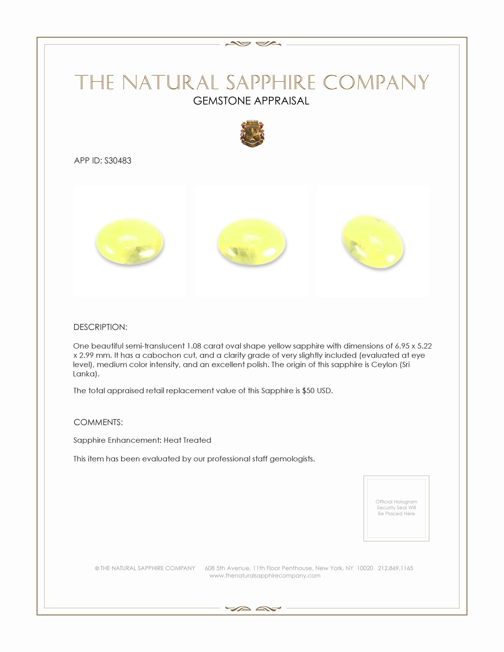 1.08 Ct. Yellow Cabochon Sapphire from Ceylon (Sri Lanka)