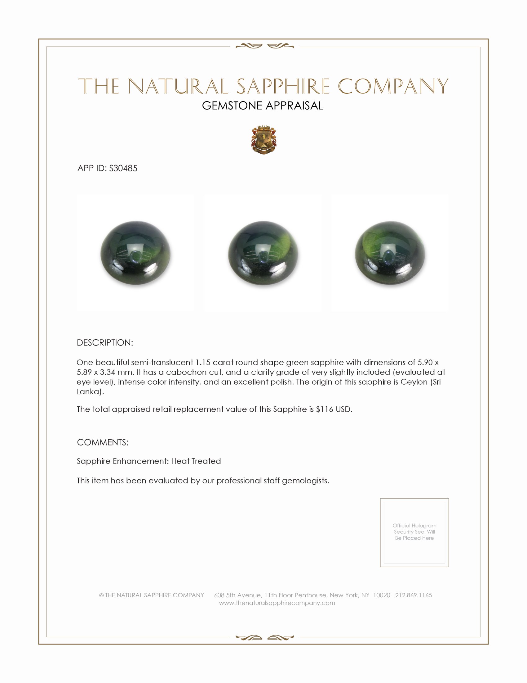 1.15 Ct. Green Cabochon Sapphire from Ceylon (Sri Lanka)