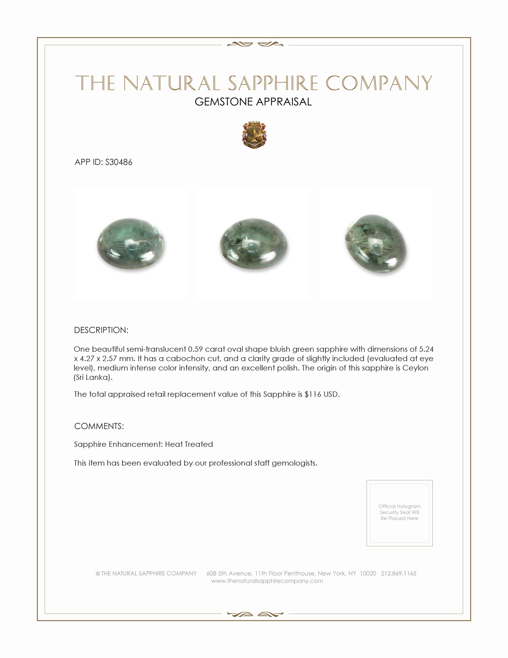 0.59 Ct. Bluish Green Cabochon Sapphire from Ceylon (Sri Lanka)