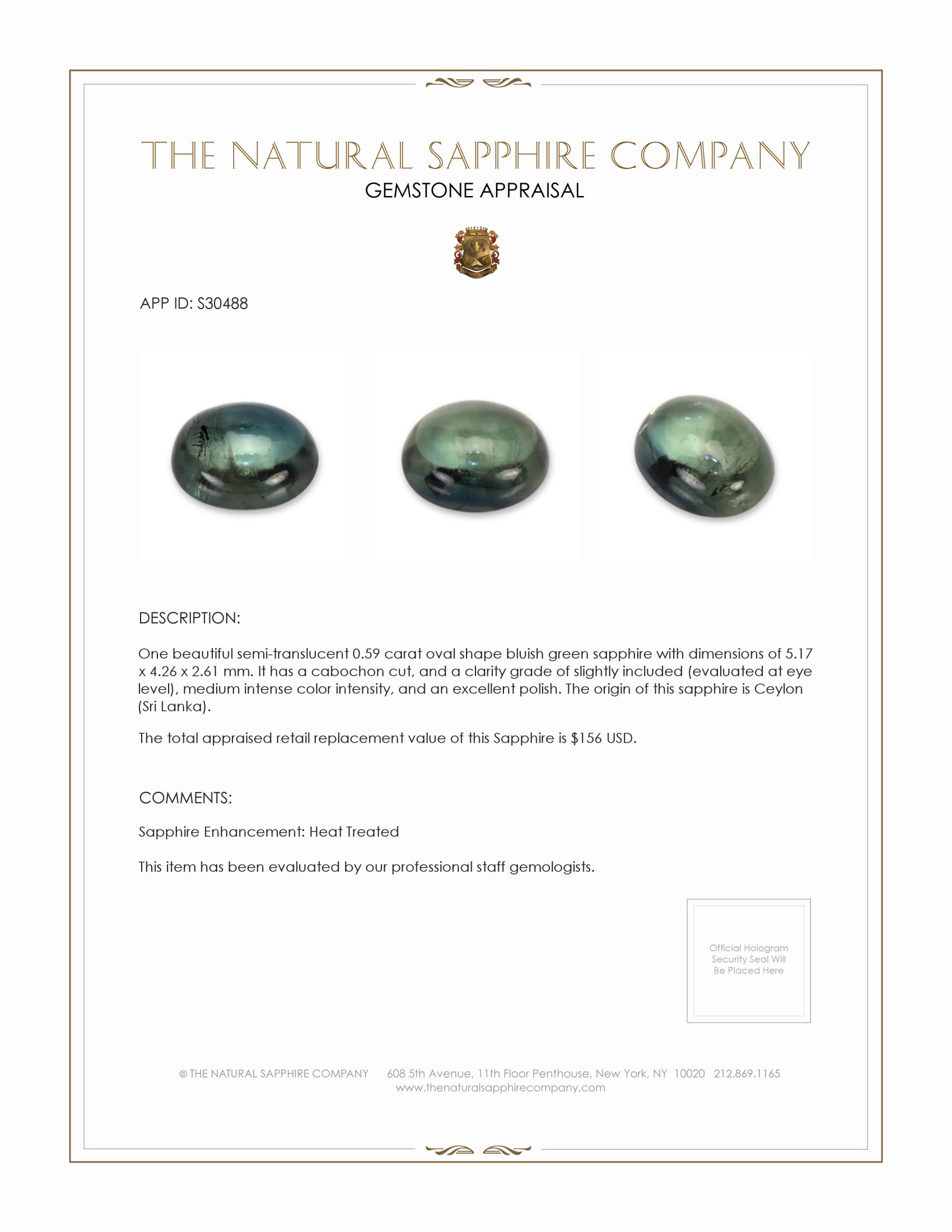 0.59 Ct. Bluish Green Cabochon Sapphire from Ceylon (Sri Lanka)