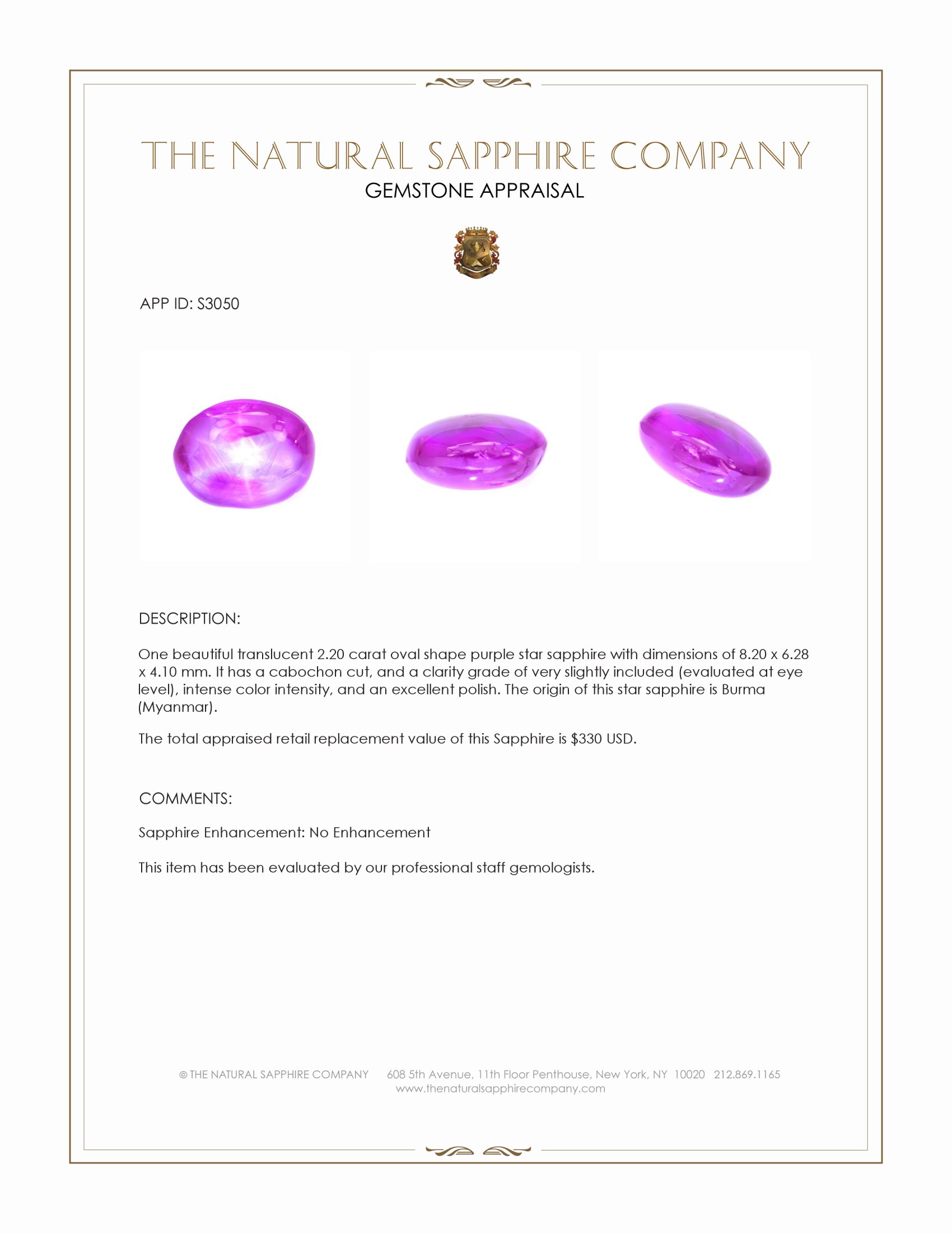 2.20 Ct. Purple Star Sapphire from Burma (Myanmar)