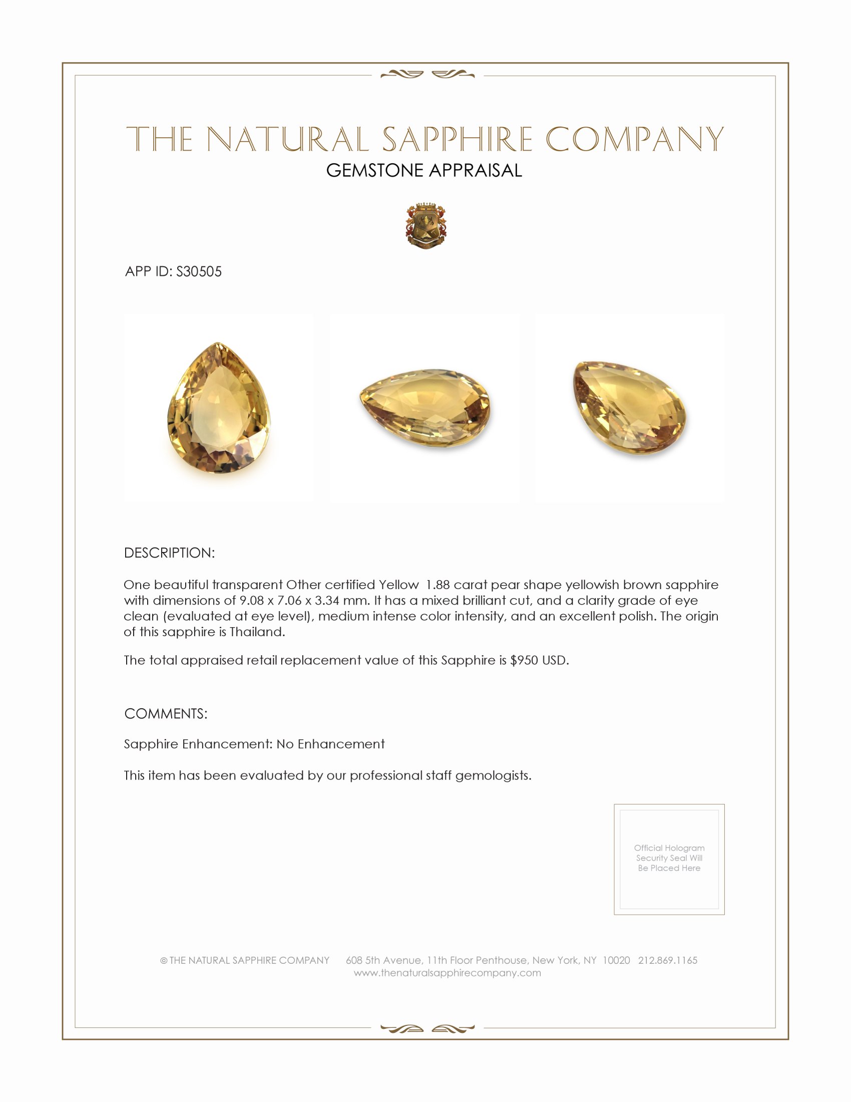 1.88 Ct. Yellowish Brown Sapphire from Thailand