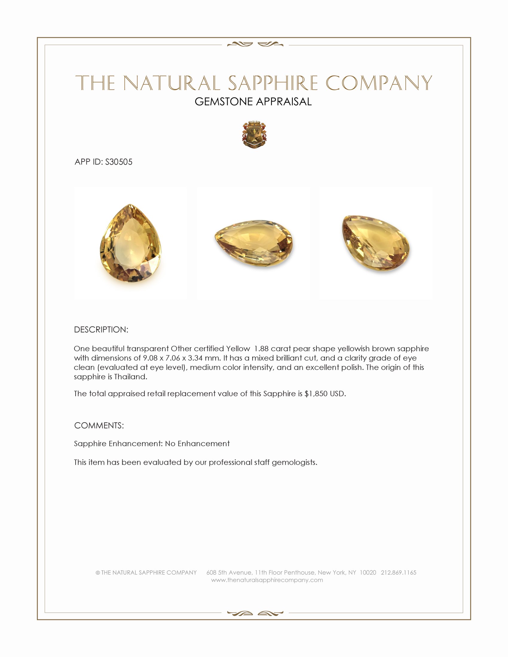 1.88 Ct. Yellowish Brown Sapphire from Thailand