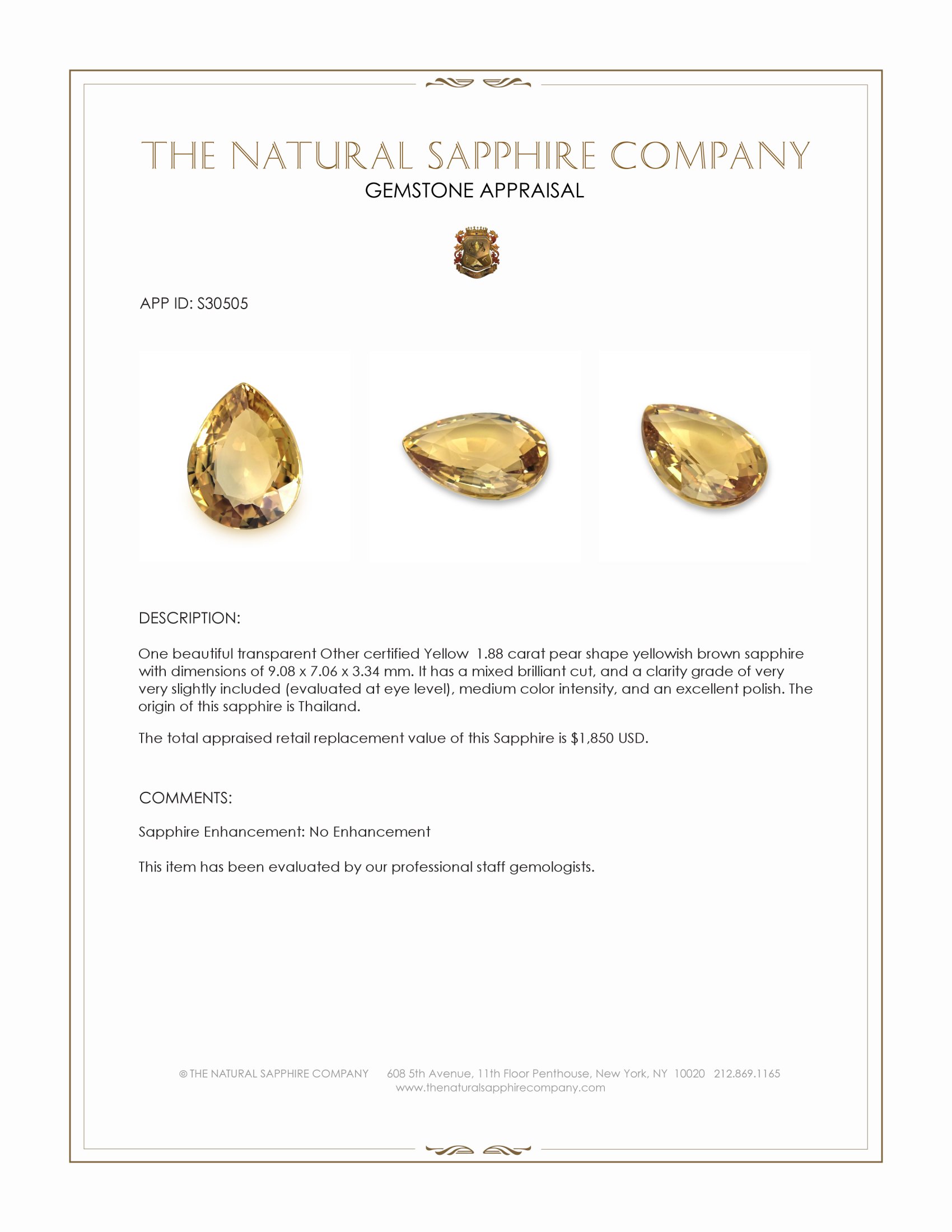 1.88 Ct. Yellowish Brown Sapphire from Thailand