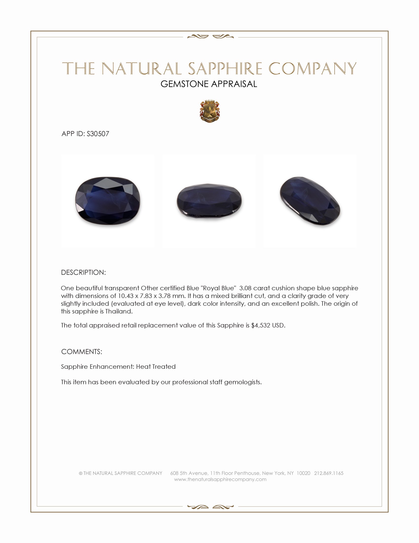 3.08 Ct. Blue Sapphire from Thailand