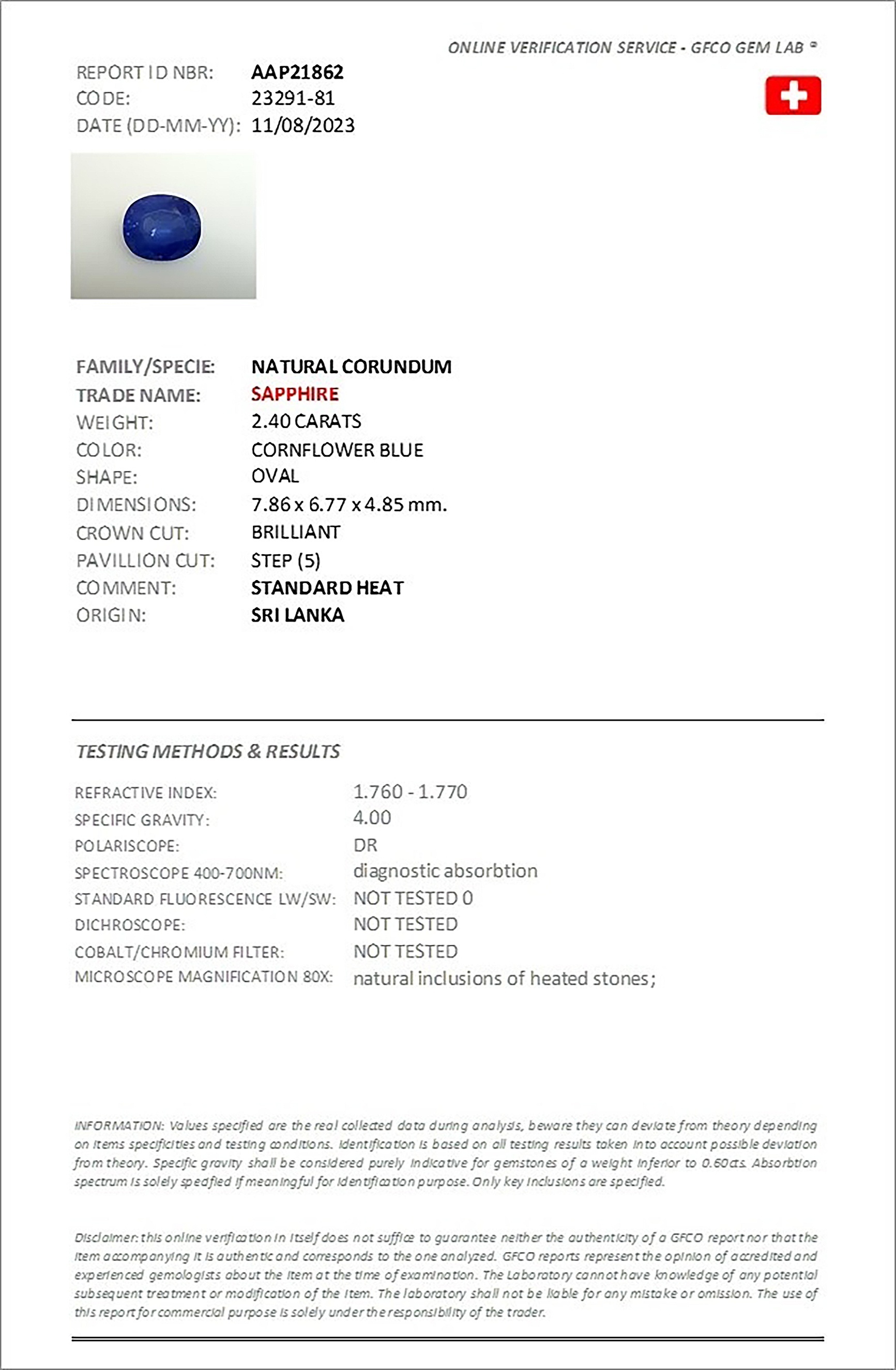 2.40 Ct. Blue Sapphire from Ceylon (Sri Lanka)