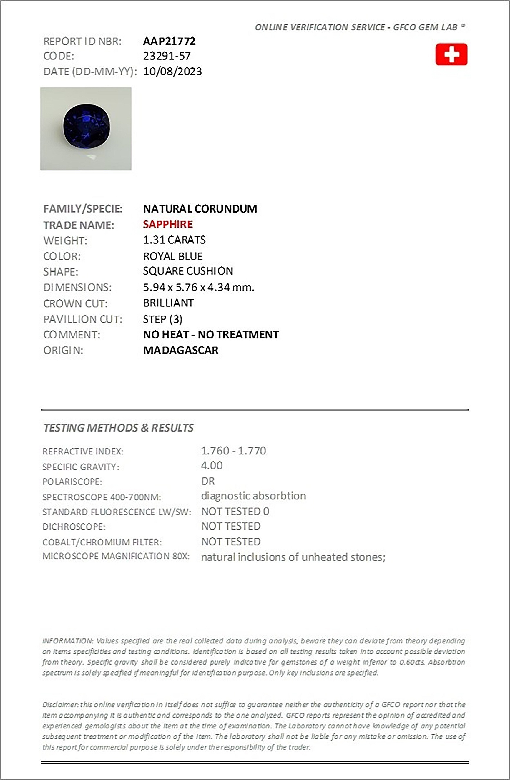 1.31 Ct. Blue Sapphire from Madagascar