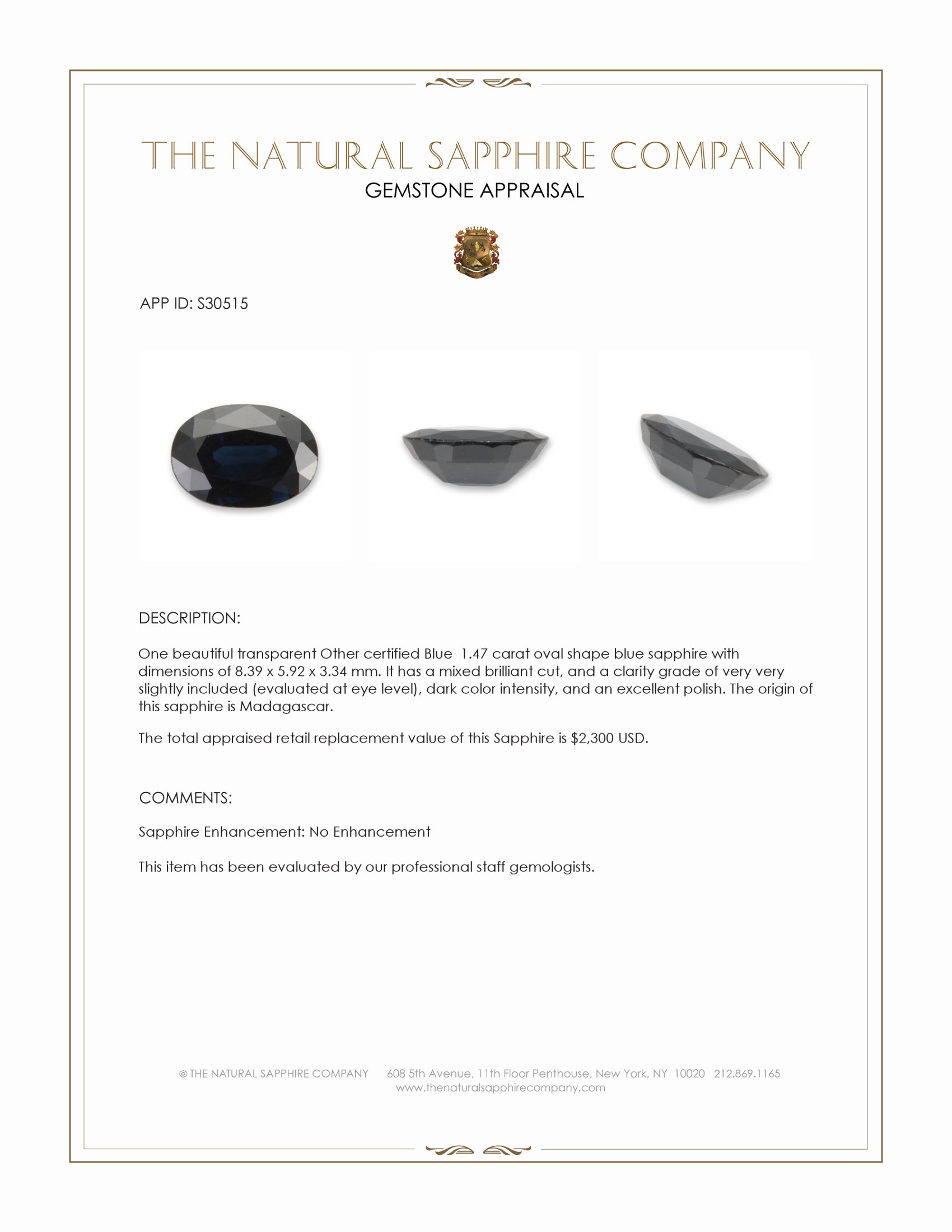 1.47 Ct. Blue Sapphire from Madagascar