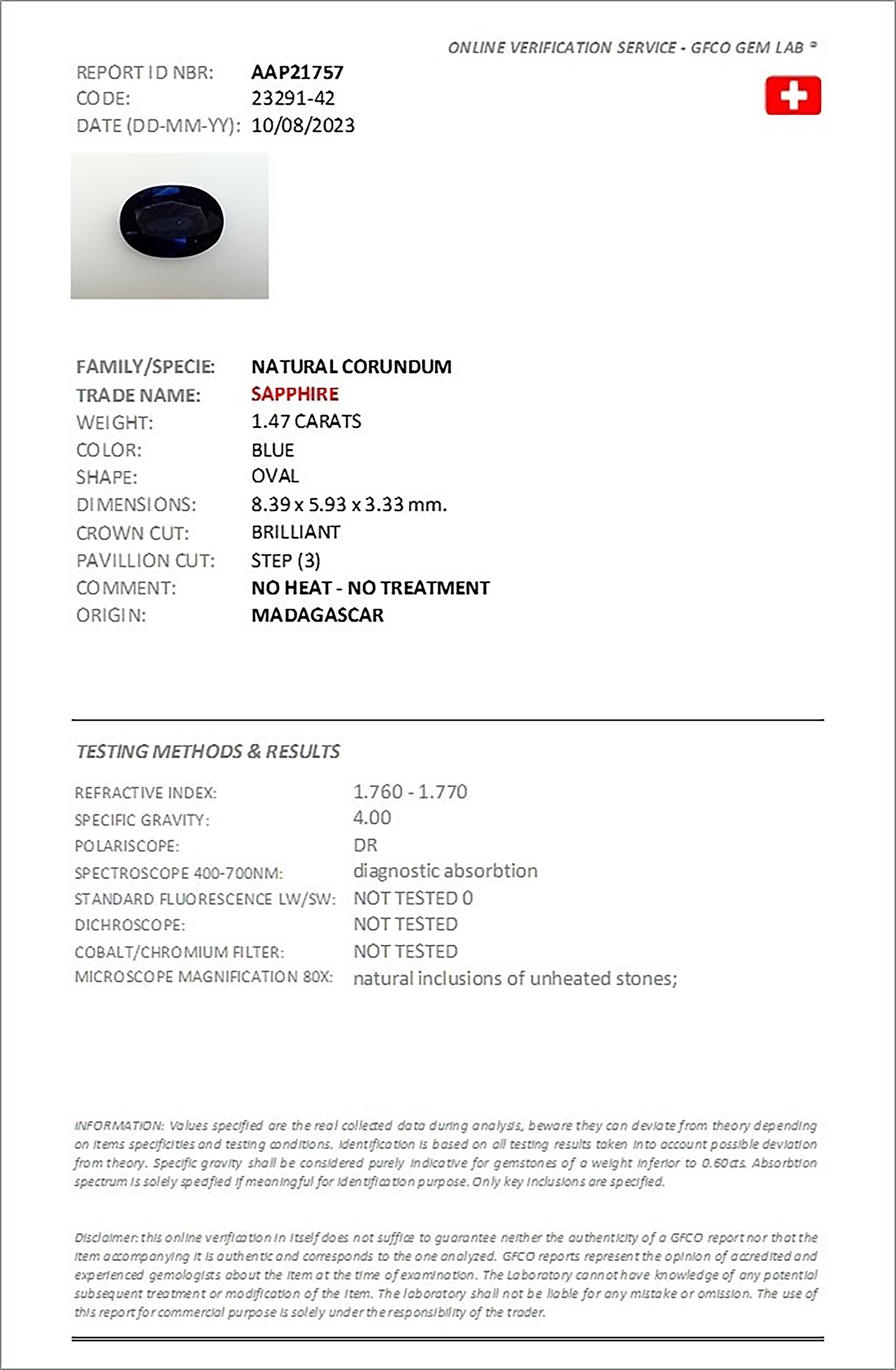 1.47 Ct. Blue Sapphire from Madagascar